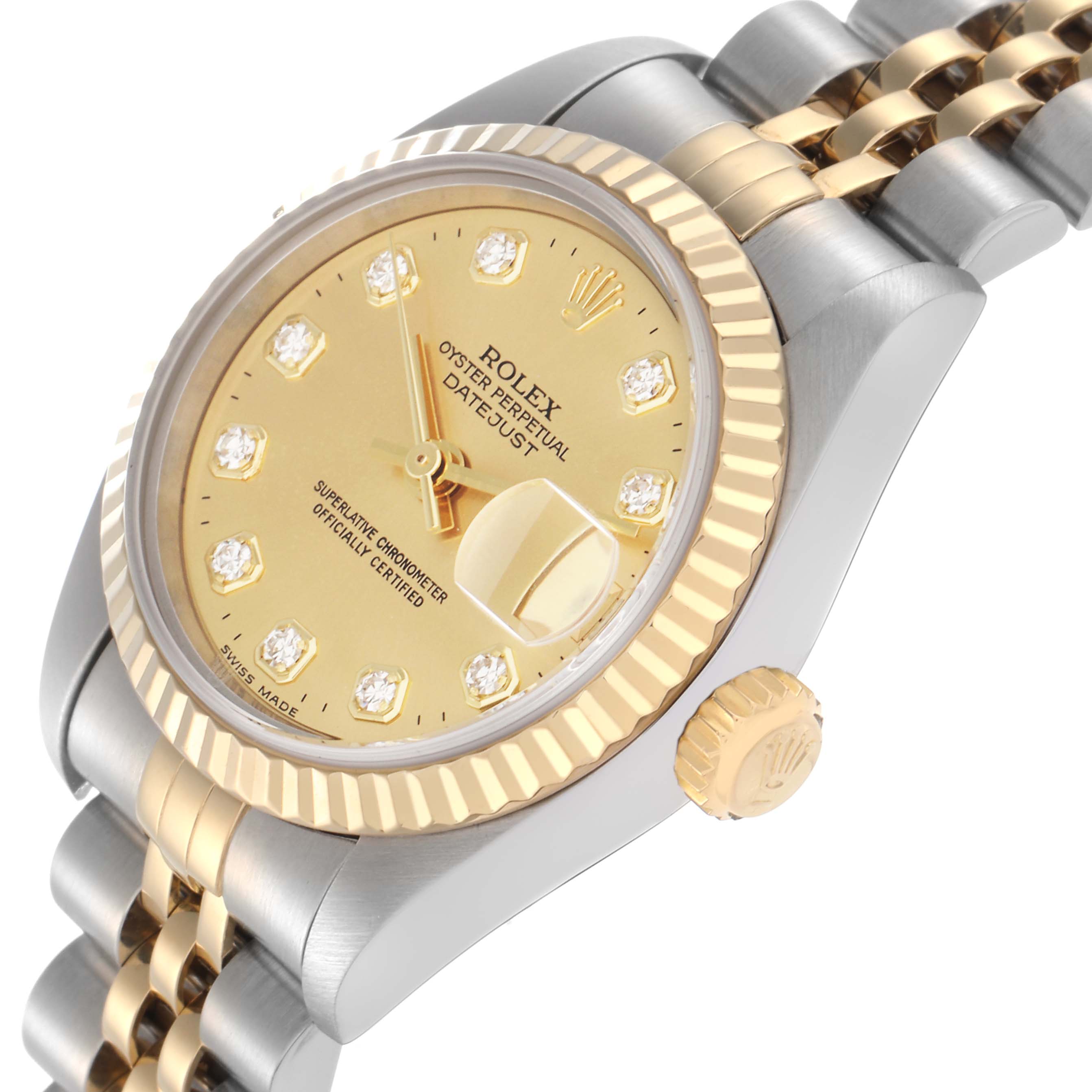 The Rolex Datejust 79173 Women
s Steel and Gold (two tone) Champagne Dial 79173 Women
s Steel and Gold (two tone) Champagne Dial watch is angled to show the dial, bezel, crown, and part of the Jubilee bracelet.