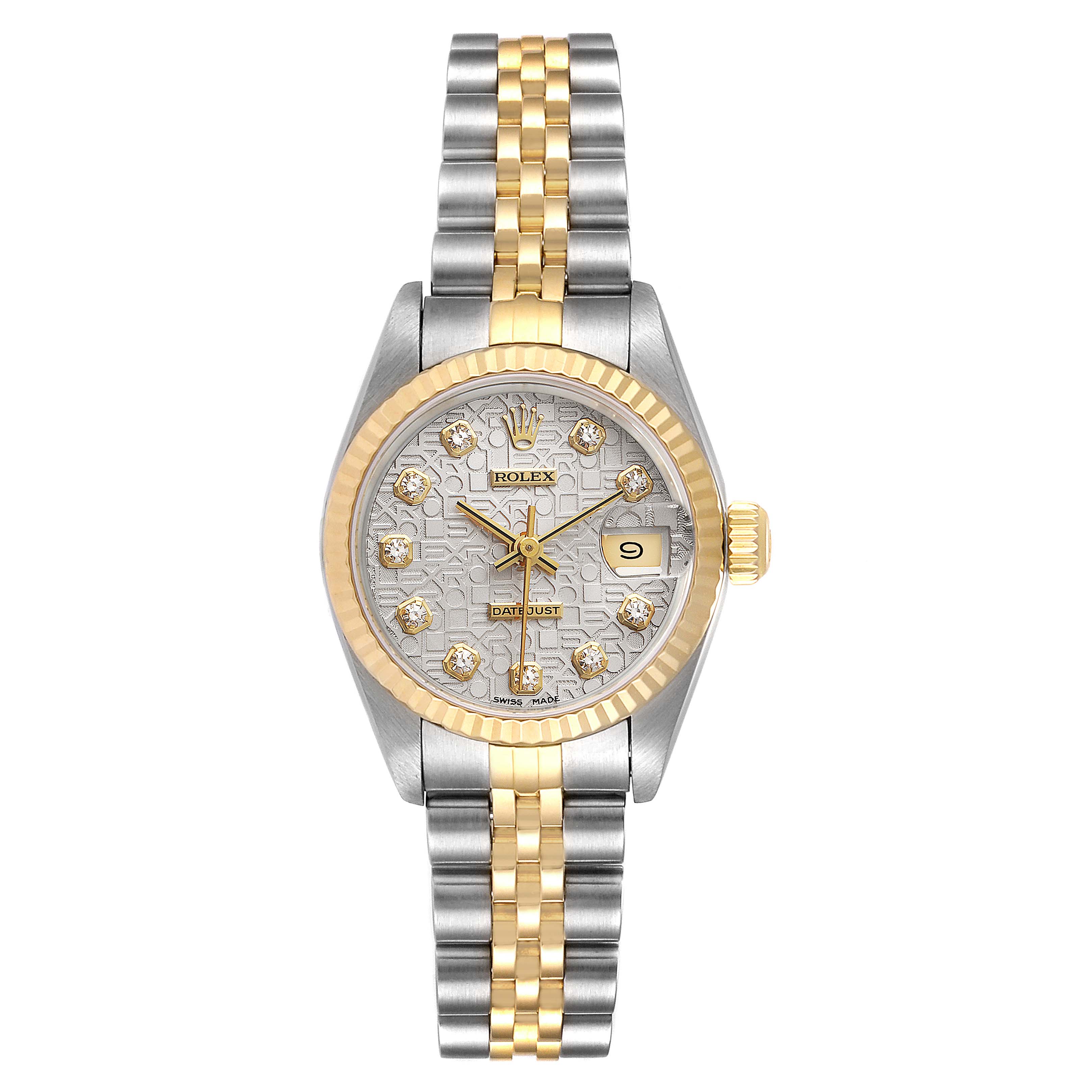 The image shows a Rolex Datejust 79173 Women's Steel and Gold (two tone) Silver Dial 79173 Women's Steel and Gold (two tone) Silver Dial watch from a top-down angle, highlighting the dial, bezel, crown, and two-tone bracelet.