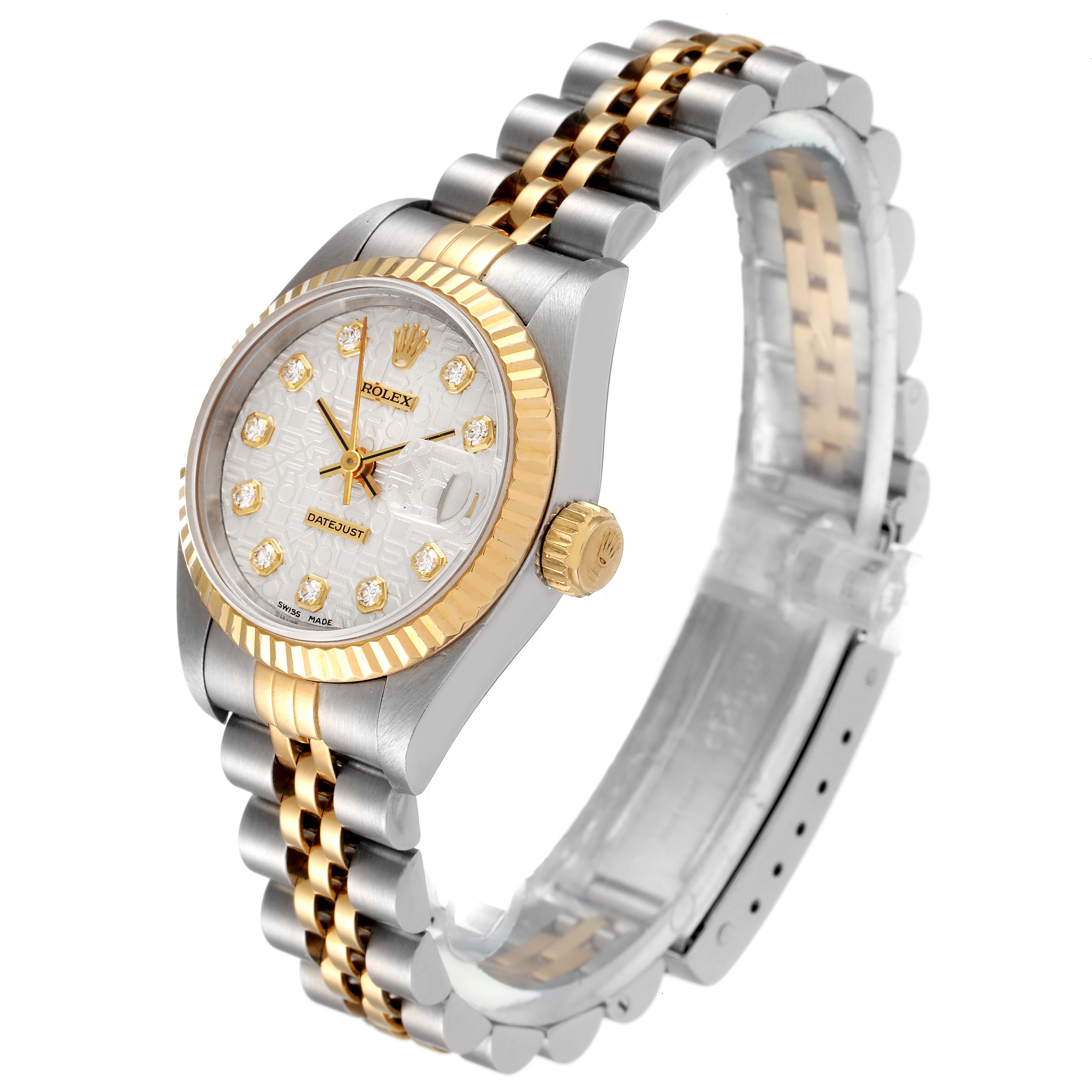 This image shows a Rolex Datejust 79173 Women's Steel and Gold (two tone) Silver Dial 79173 Women's Steel and Gold (two tone) Silver Dial watch from an angled perspective, highlighting its dial, bezel, crown, and Jubilee bracelet.