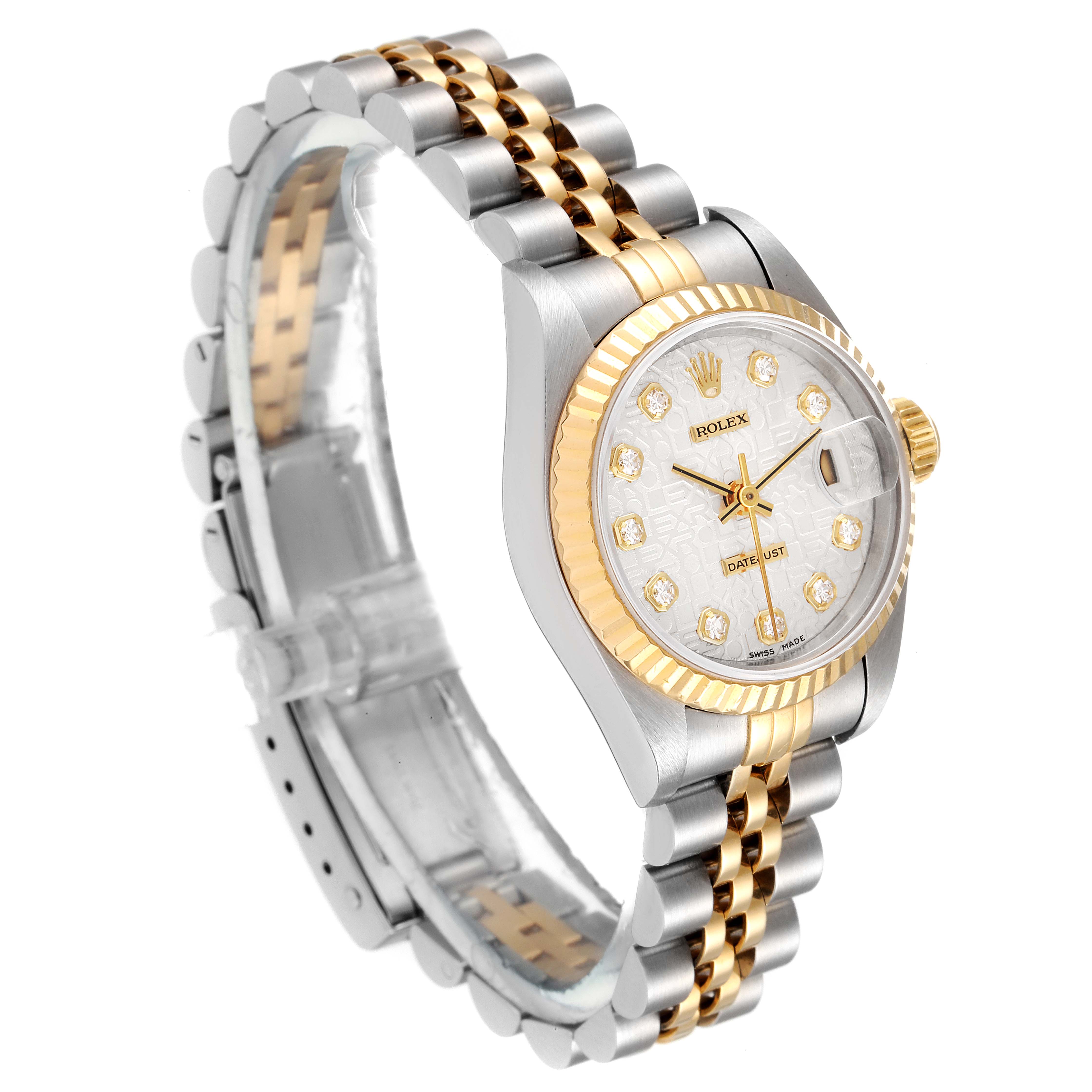 The image shows a Rolex Datejust 79173 Women's Steel and Gold (two tone) Silver Dial 79173 Women's Steel and Gold (two tone) Silver Dial watch at a three-quarter angle, highlighting the bracelet, bezel, and dial.