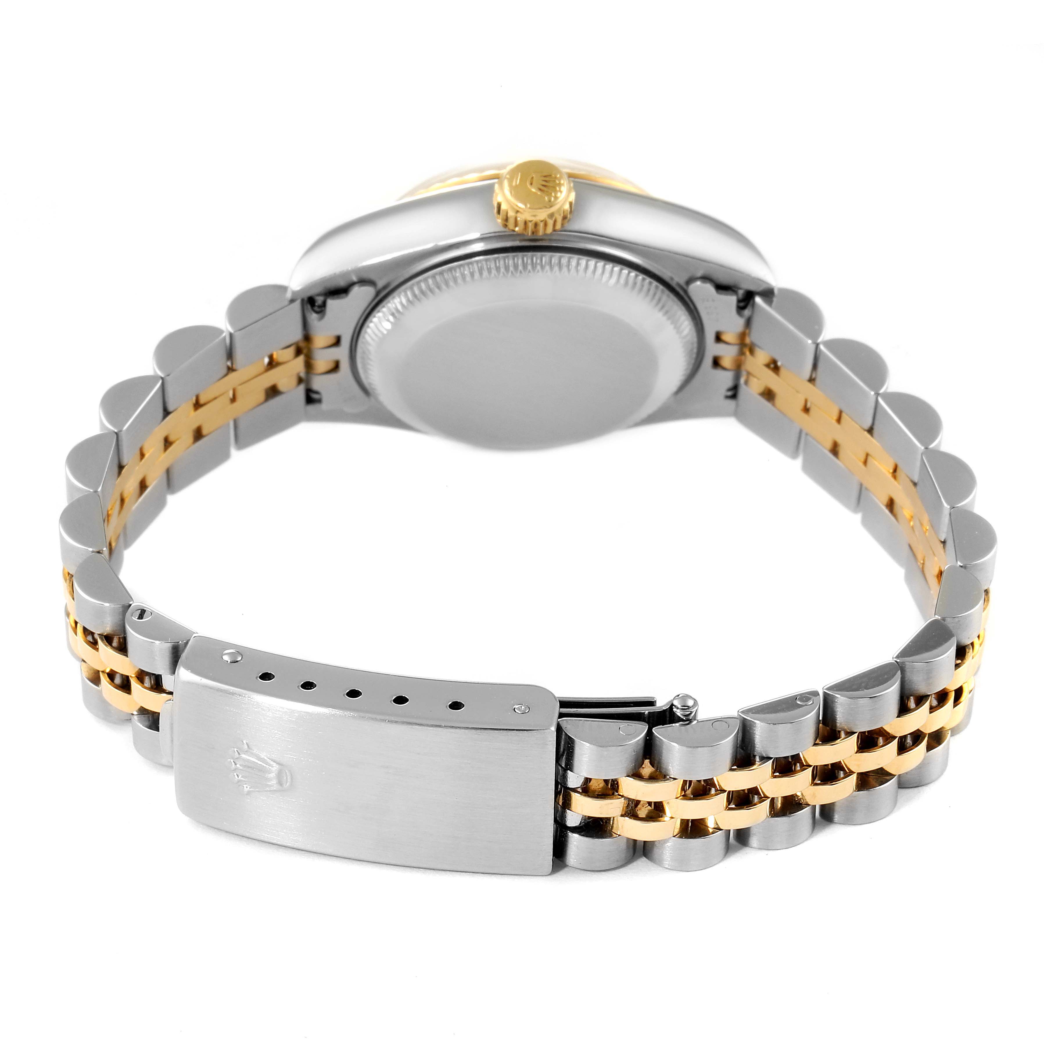 This image shows the back and side view of a Rolex Datejust 79173 Women's Steel and Gold (two tone) Silver Dial 79173 Women's Steel and Gold (two tone) Silver Dial watch, focusing on the case back, crown, and Jubilee bracelet.