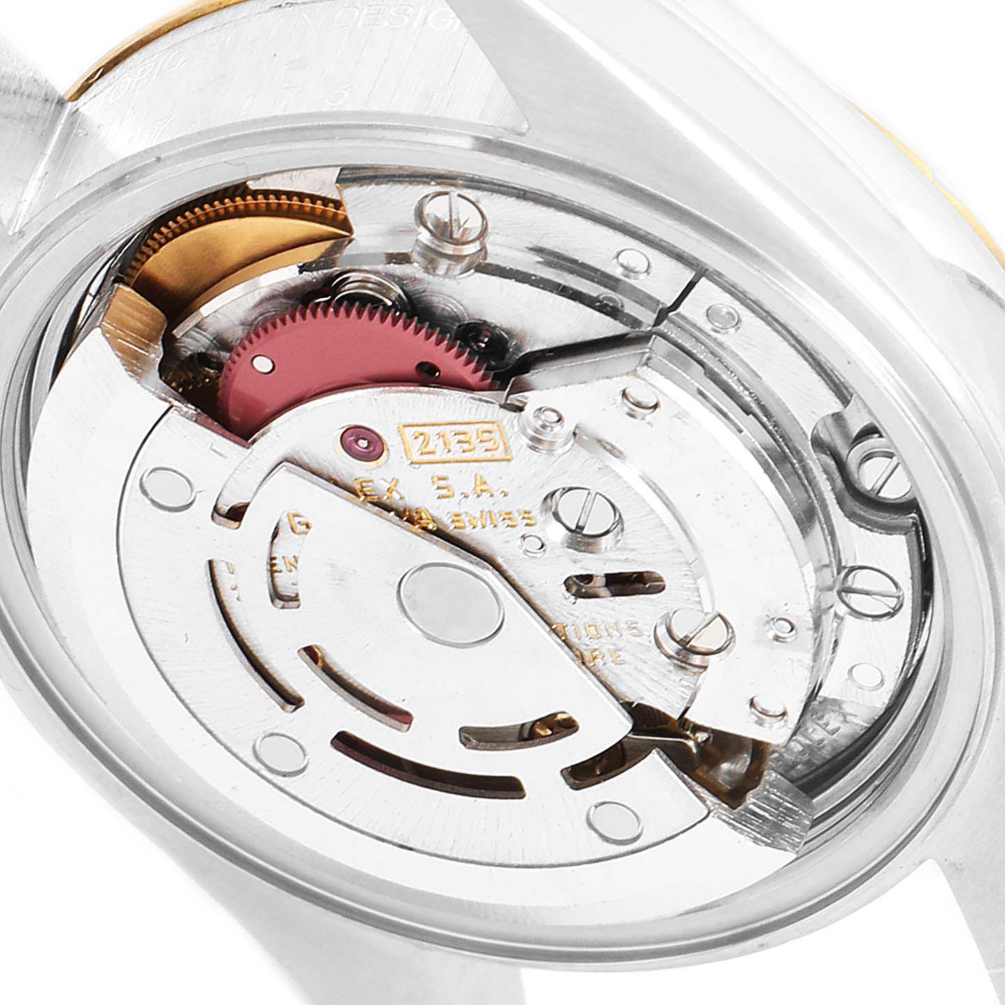 This image shows the internal mechanics and movement of the Rolex Datejust 79173 Women's Steel and Gold (two tone) Silver Dial 79173 Women's Steel and Gold (two tone) Silver Dial watch, viewed from the back.