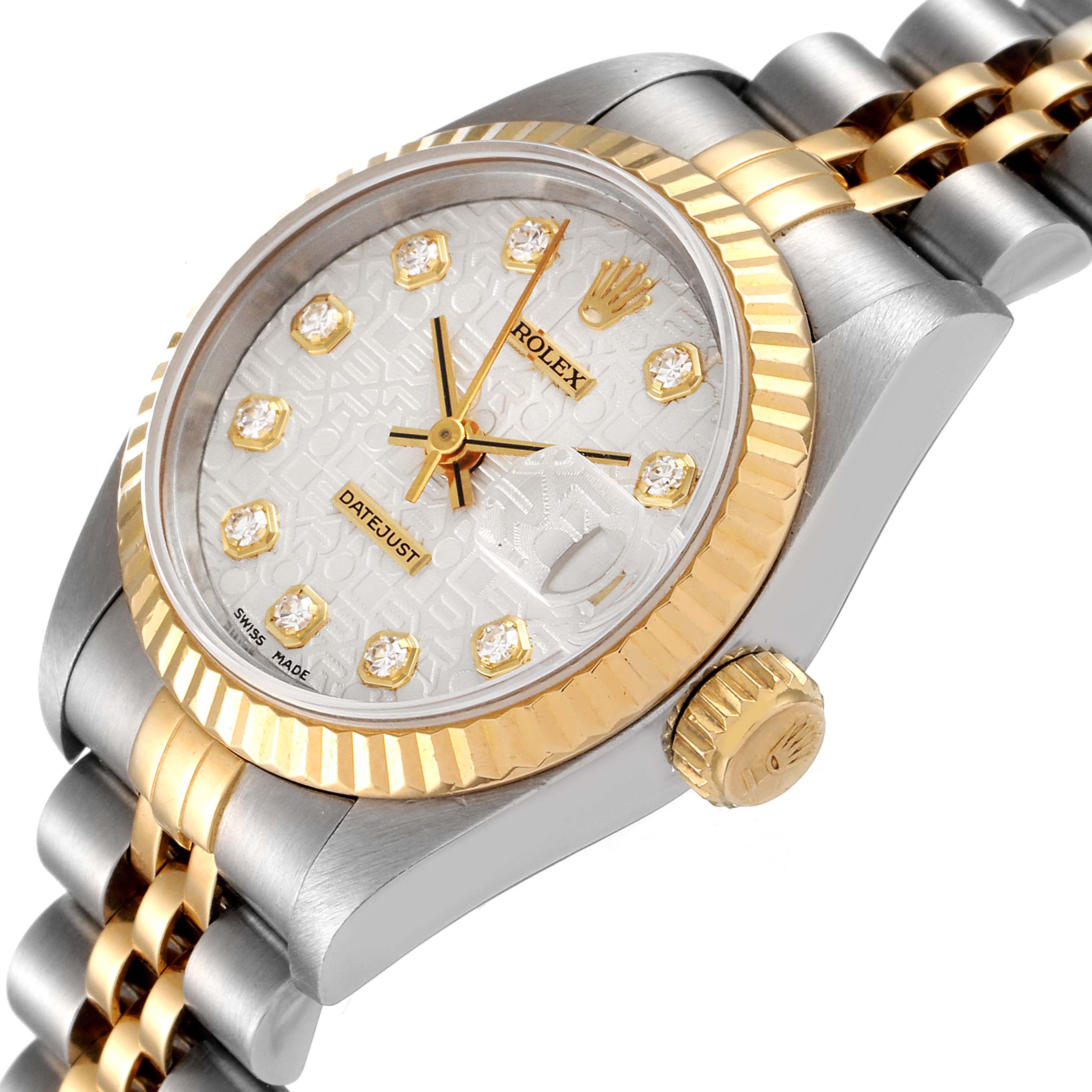 The image shows a close-up of a Rolex Datejust 79173 Women's Steel and Gold (two tone) Silver Dial 79173 Women's Steel and Gold (two tone) Silver Dial watch at a slight angle, highlighting the dial, bezel, and bracelet.
