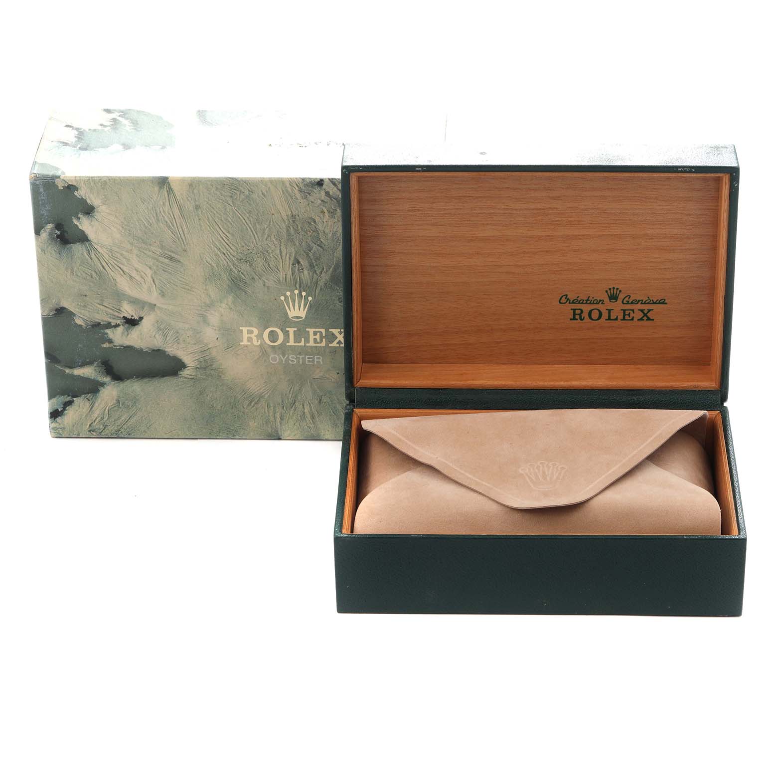 The image shows a Rolex Datejust 16013 Men
s Steel and Gold (two tone) Champagne Dial 16013 Men
s Steel and Gold (two tone) Champagne Dial box and a beige suede pouch, with the box lid open.