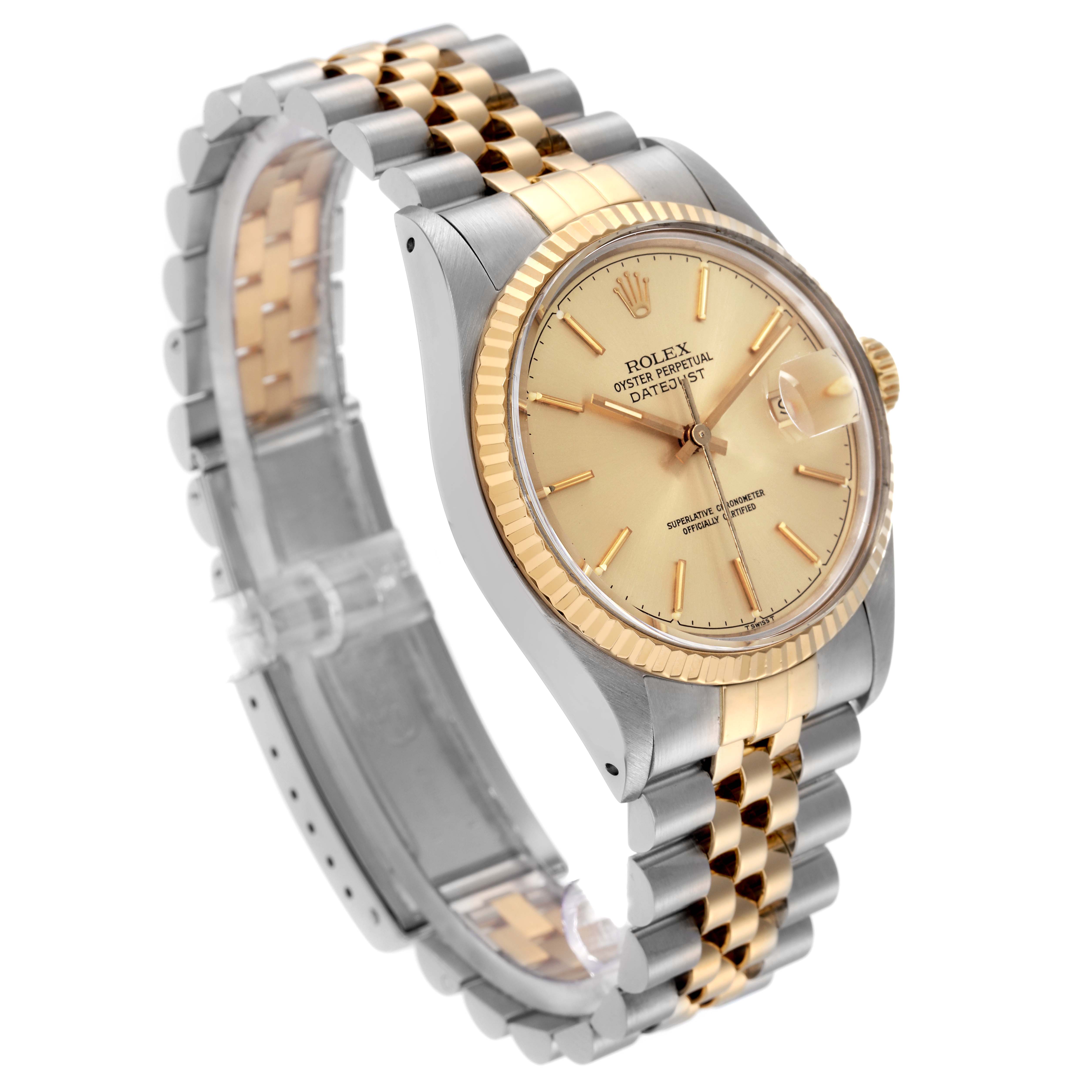 The Rolex Datejust 16013 Men
s Steel and Gold (two tone) Champagne Dial 16013 Men
s Steel and Gold (two tone) Champagne Dial watch is shown at a slight side angle, highlighting the face, bezel, and Jubilee bracelet.