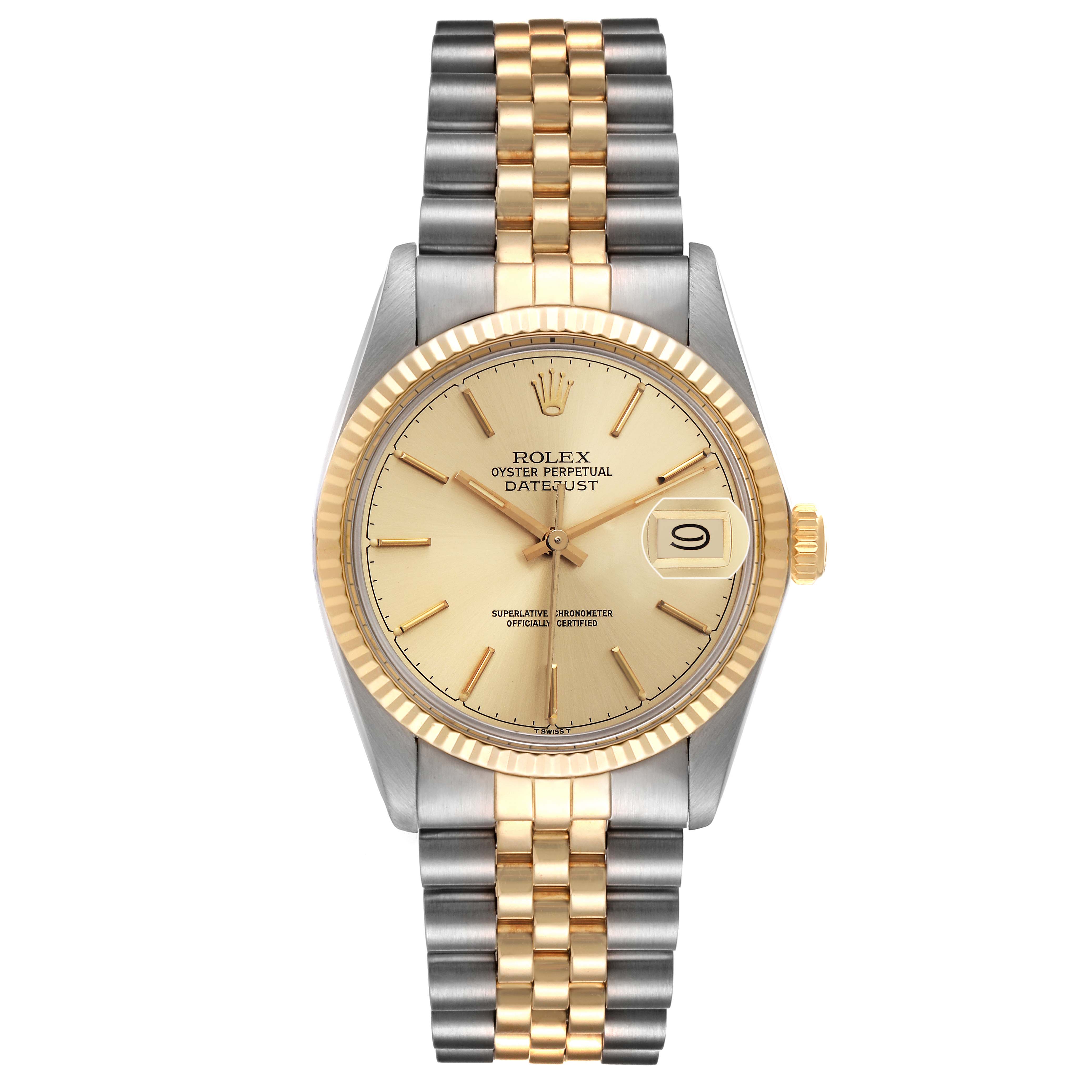 The Rolex Datejust 16013 Men
s Steel and Gold (two tone) Champagne Dial 16013 Men
s Steel and Gold (two tone) Champagne Dial watch is shown from a top view, highlighting the dial, bezel, and bracelet.