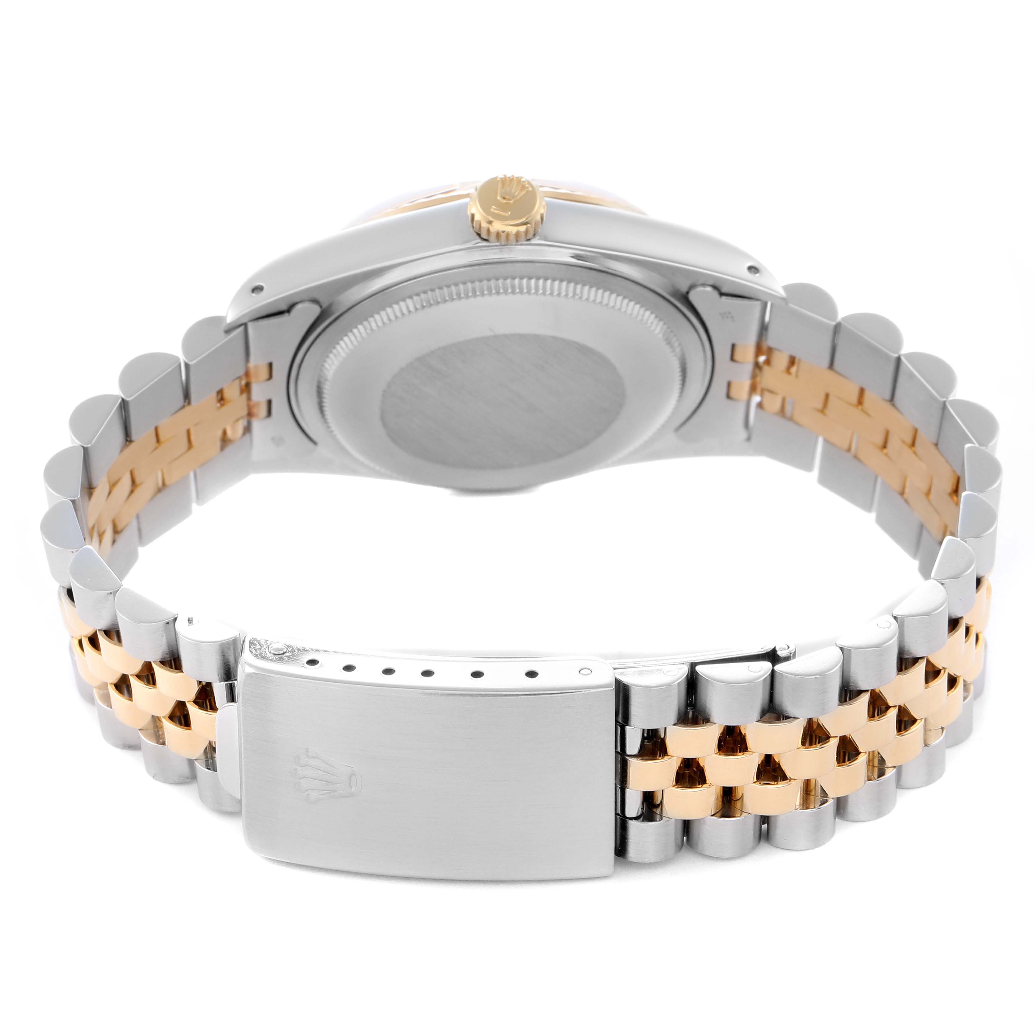 The image shows the back of the Rolex Datejust 16013 Men
s Steel and Gold (two tone) Champagne Dial 16013 Men
s Steel and Gold (two tone) Champagne Dial, highlighting the case back, crown, and two-tone Jubilee bracelet with clasp.