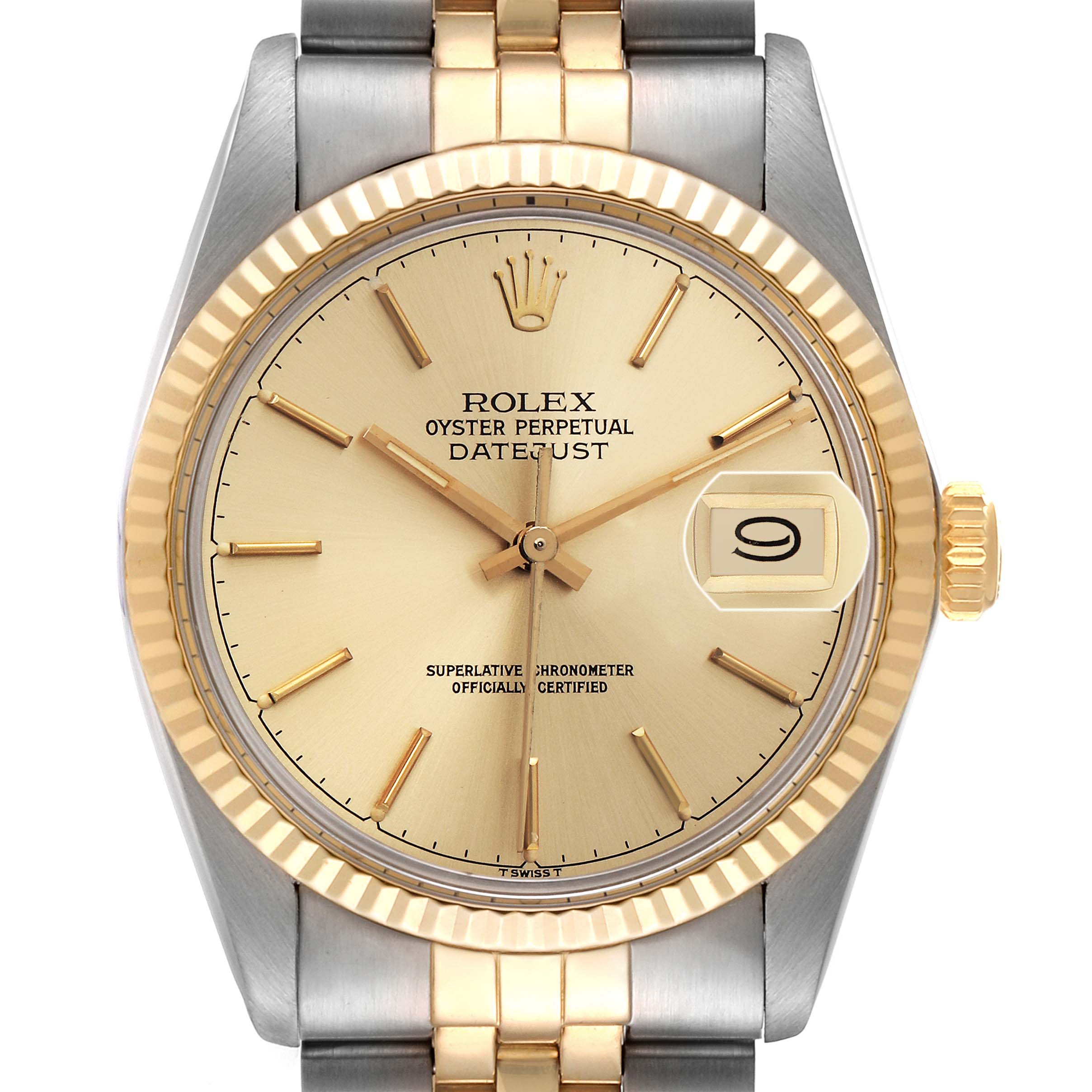 The Rolex Datejust 16013 Men
s Steel and Gold (two tone) Champagne Dial 16013 Men
s Steel and Gold (two tone) Champagne Dial watch is shown from a top view, highlighting the dial, bezel, crown, and bracelet.