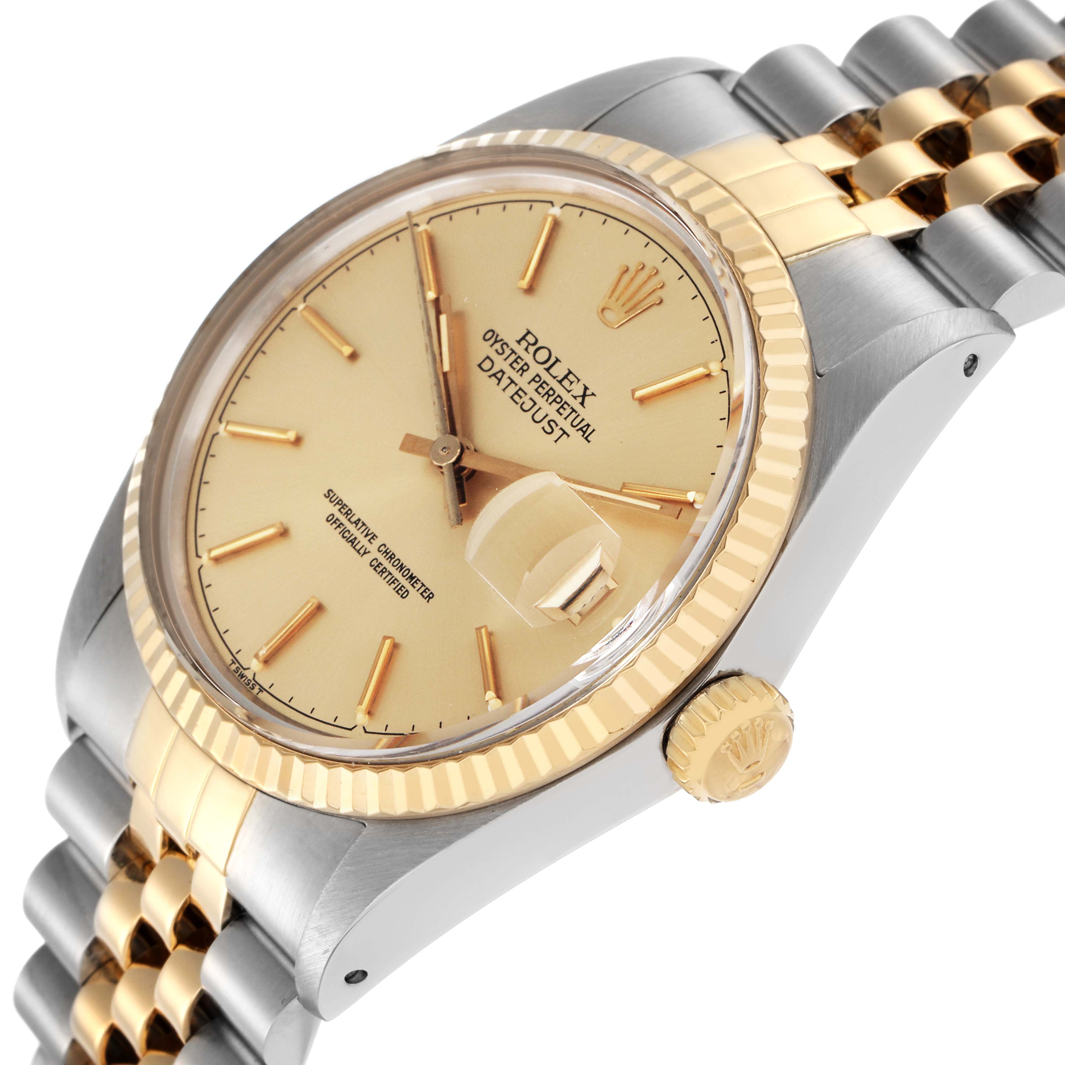 The Rolex Datejust 16013 Men
s Steel and Gold (two tone) Champagne Dial 16013 Men
s Steel and Gold (two tone) Champagne Dial watch is shown from an angled side view, highlighting the bezel, dial, and bracelet.