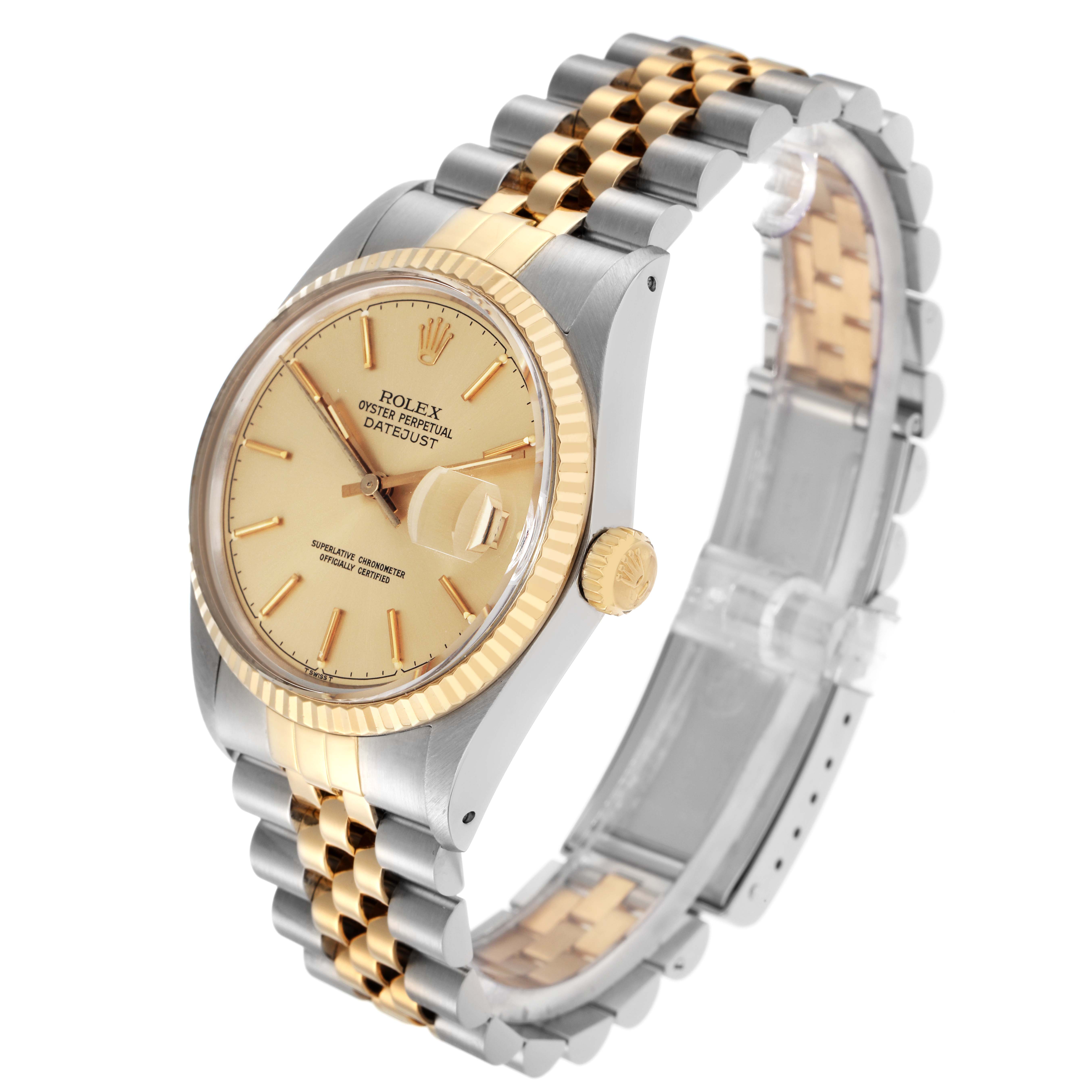 The Rolex Datejust 16013 Men
s Steel and Gold (two tone) Champagne Dial 16013 Men
s Steel and Gold (two tone) Champagne Dial watch is shown from a slightly angled side view, highlighting the dial, bezel, and two-tone bracelet.