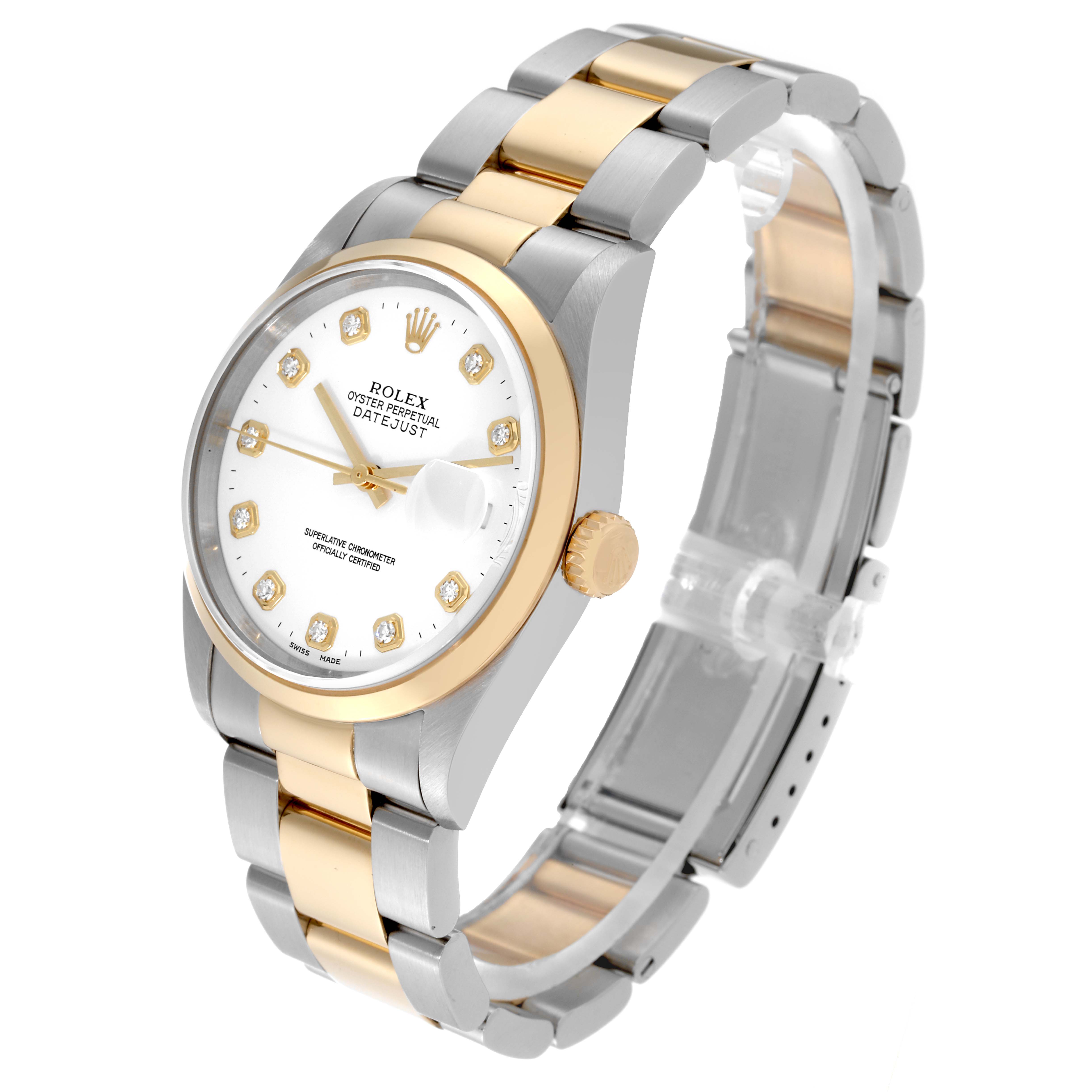 The Rolex Datejust 16203 Men
s Steel and Gold (two tone) White Dial 16203 Men
s Steel and Gold (two tone) White Dial watch is shown at a slight angle, highlighting the bezel, crown, dial, and bracelet.
