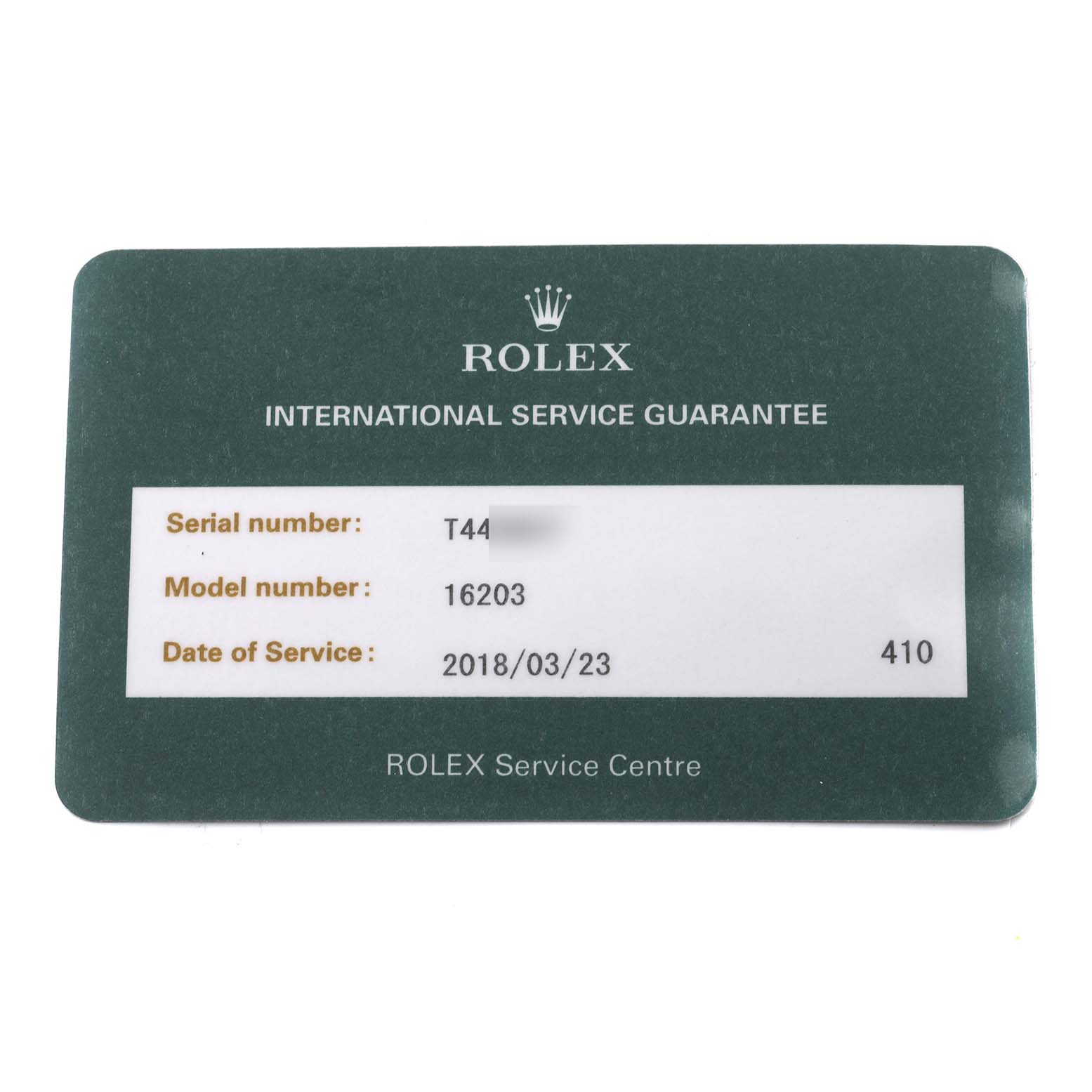 This image shows the Rolex International Service Guarantee card for a Datejust model watch.