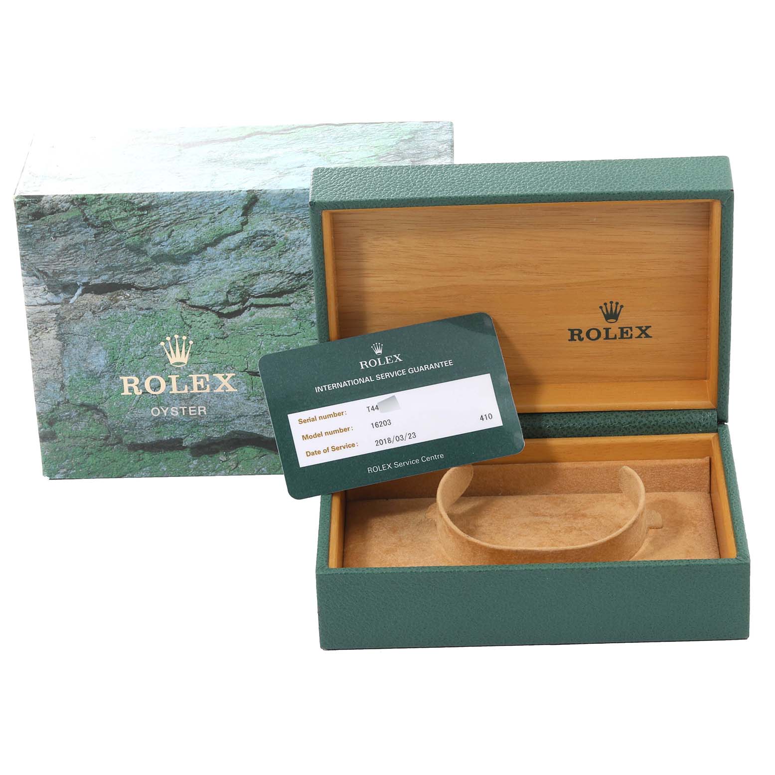 The image shows a Rolex Datejust 16203 Men
s Steel and Gold (two tone) White Dial 16203 Men
s Steel and Gold (two tone) White Dial model box and an international service guarantee card from an angled front view.