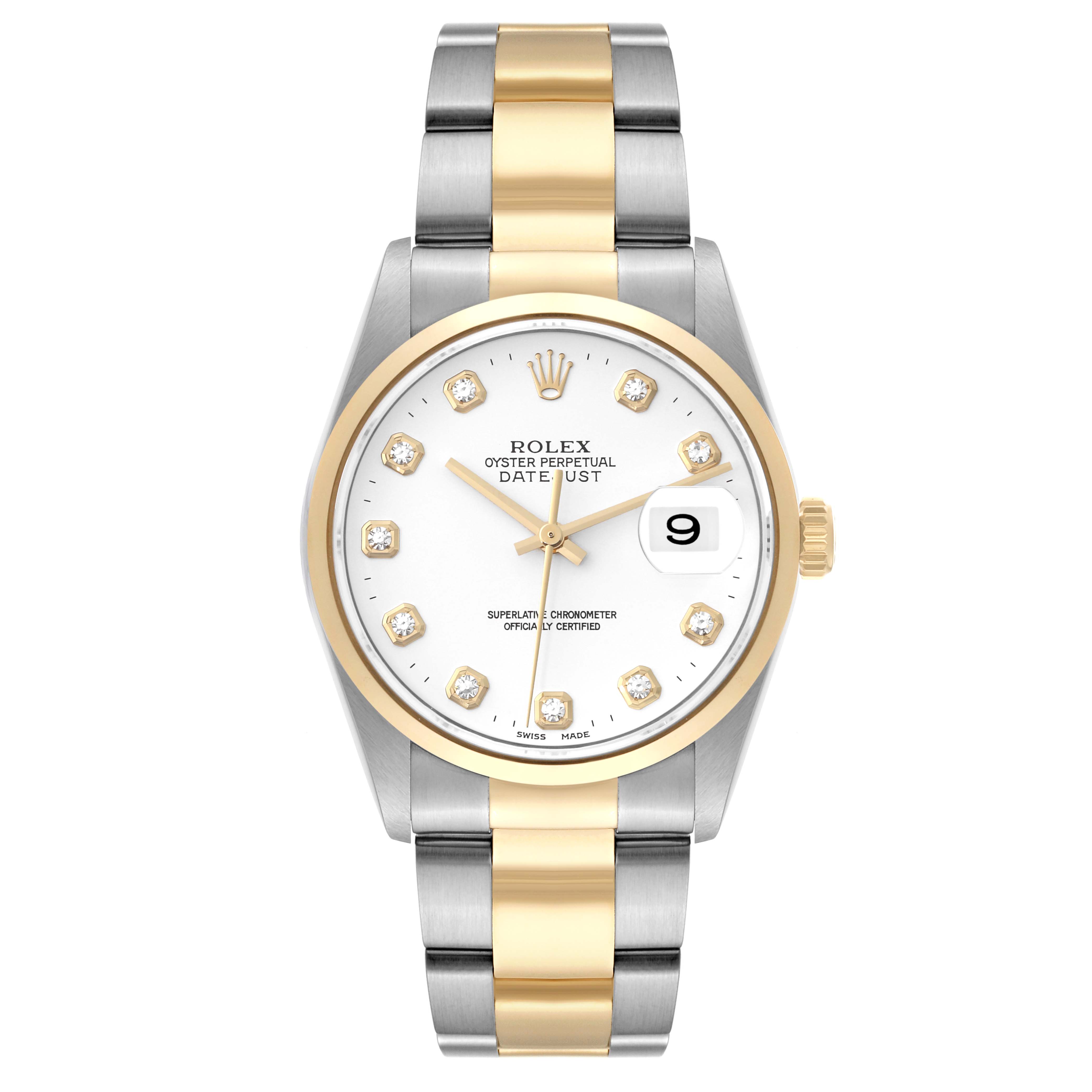 Front view of a Rolex Datejust 16203 Men
s Steel and Gold (two tone) White Dial 16203 Men
s Steel and Gold (two tone) White Dial watch, showing face, bezel, crown, and two-tone metal bracelet.