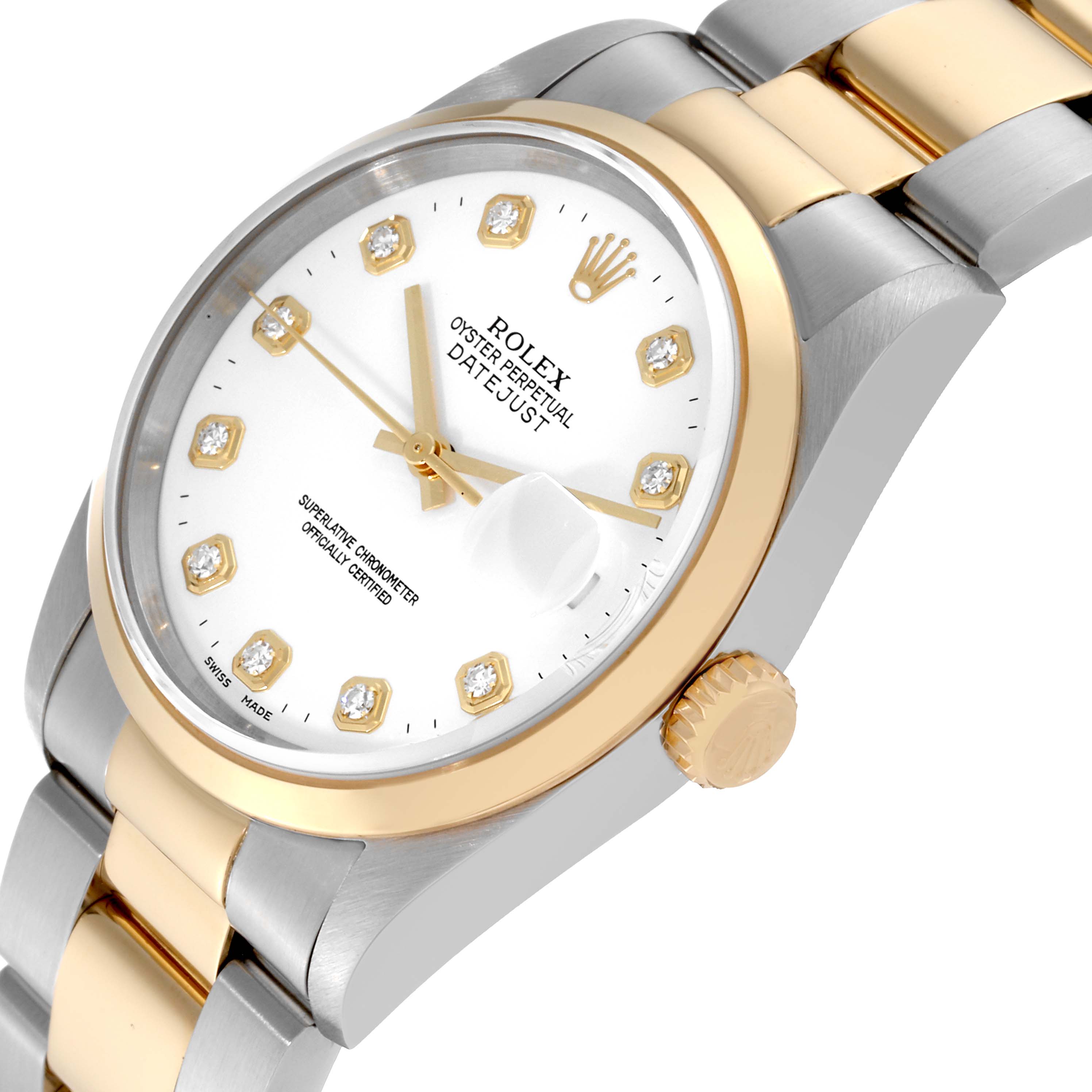 This image shows a close-up angled view of a Rolex Datejust 16203 Men
s Steel and Gold (two tone) White Dial 16203 Men
s Steel and Gold (two tone) White Dial watch, focusing on its gold and stainless steel case, bracelet, and dial.