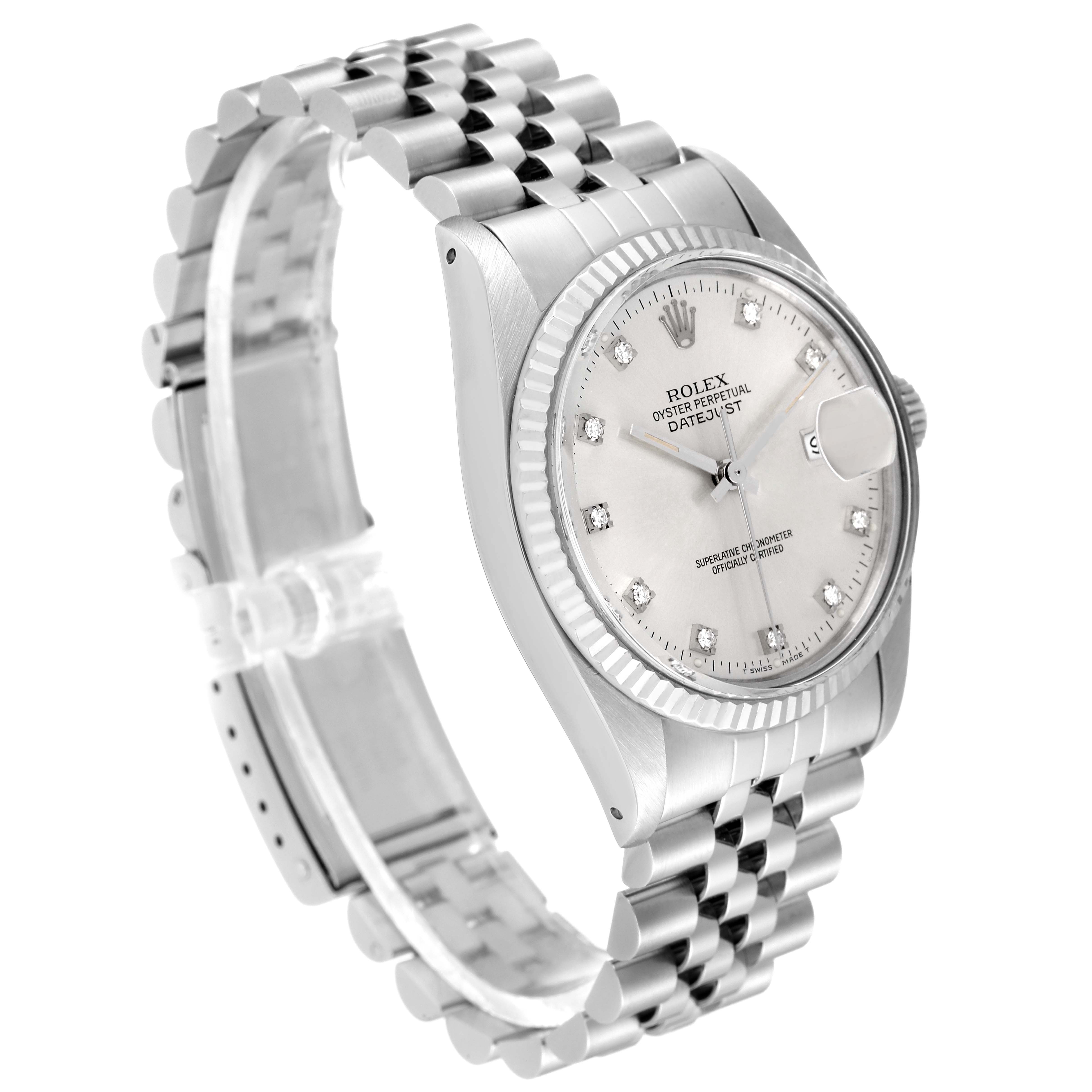 The image shows a Rolex Vintage Collection 16014 Men
s Stainless Steel Silver Dial 16014 Men
s Stainless Steel Silver Dial watch at an angle, highlighting the silver dial, bezel, and the Jubilee bracelet.