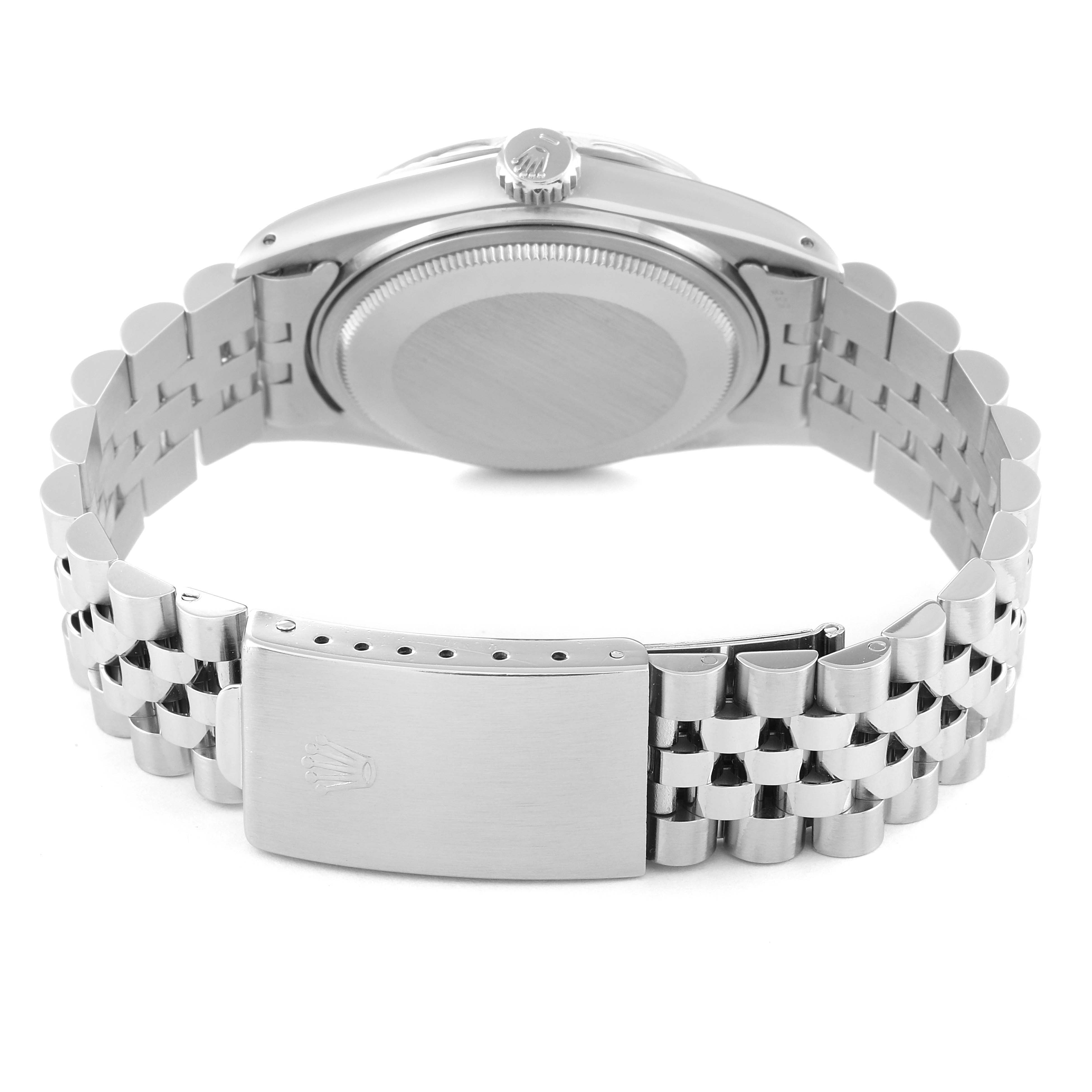 The image shows the backside and bracelet of the Rolex Vintage Collection 16014 Men
s Stainless Steel Silver Dial 16014 Men
s Stainless Steel Silver Dial watch, highlighting its clasp and case back.