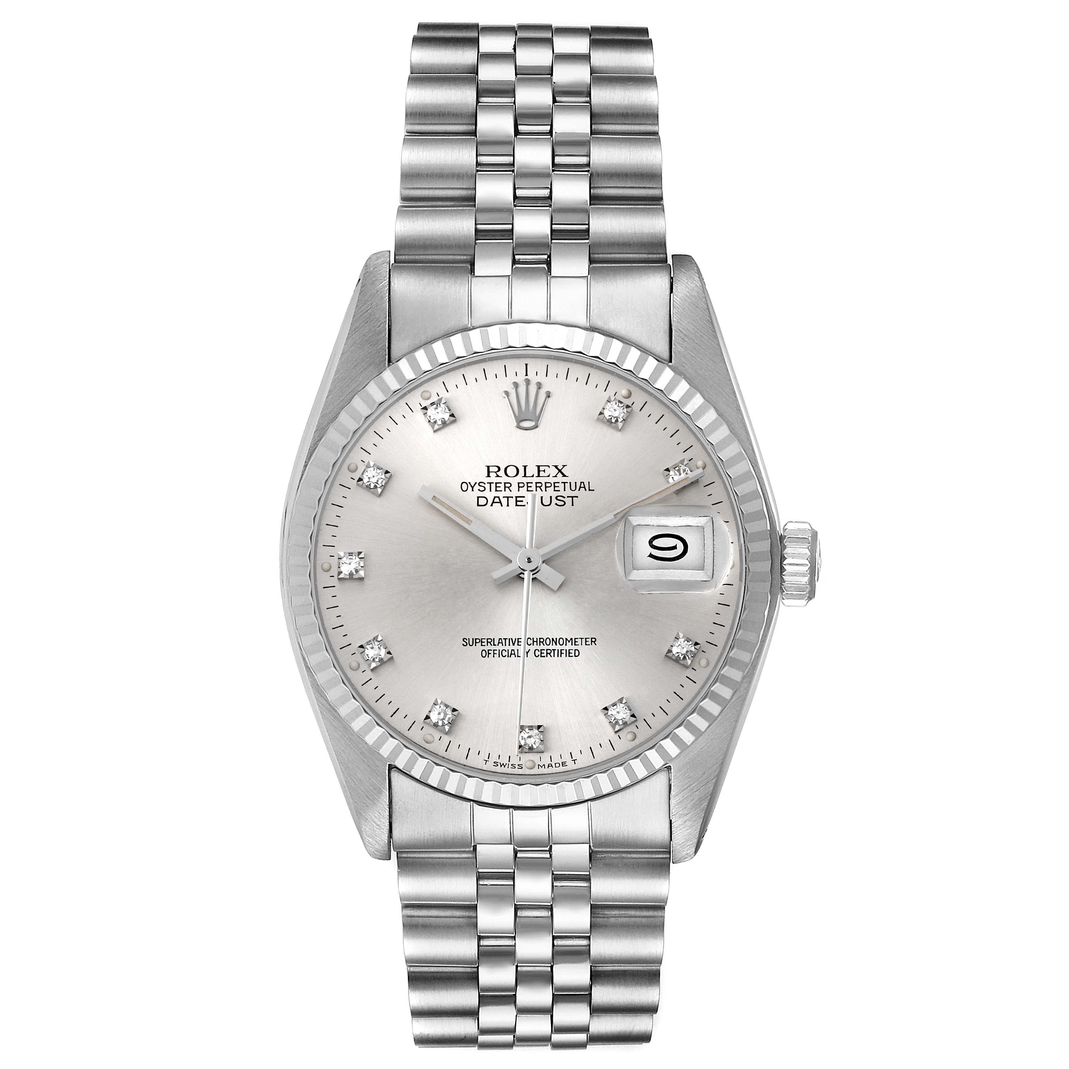 This image shows a front view of a Rolex Vintage Collection 16014 Men
s Stainless Steel Silver Dial 16014 Men
s Stainless Steel Silver Dial Oyster Perpetual Datejust watch with a silver dial and metal bracelet.