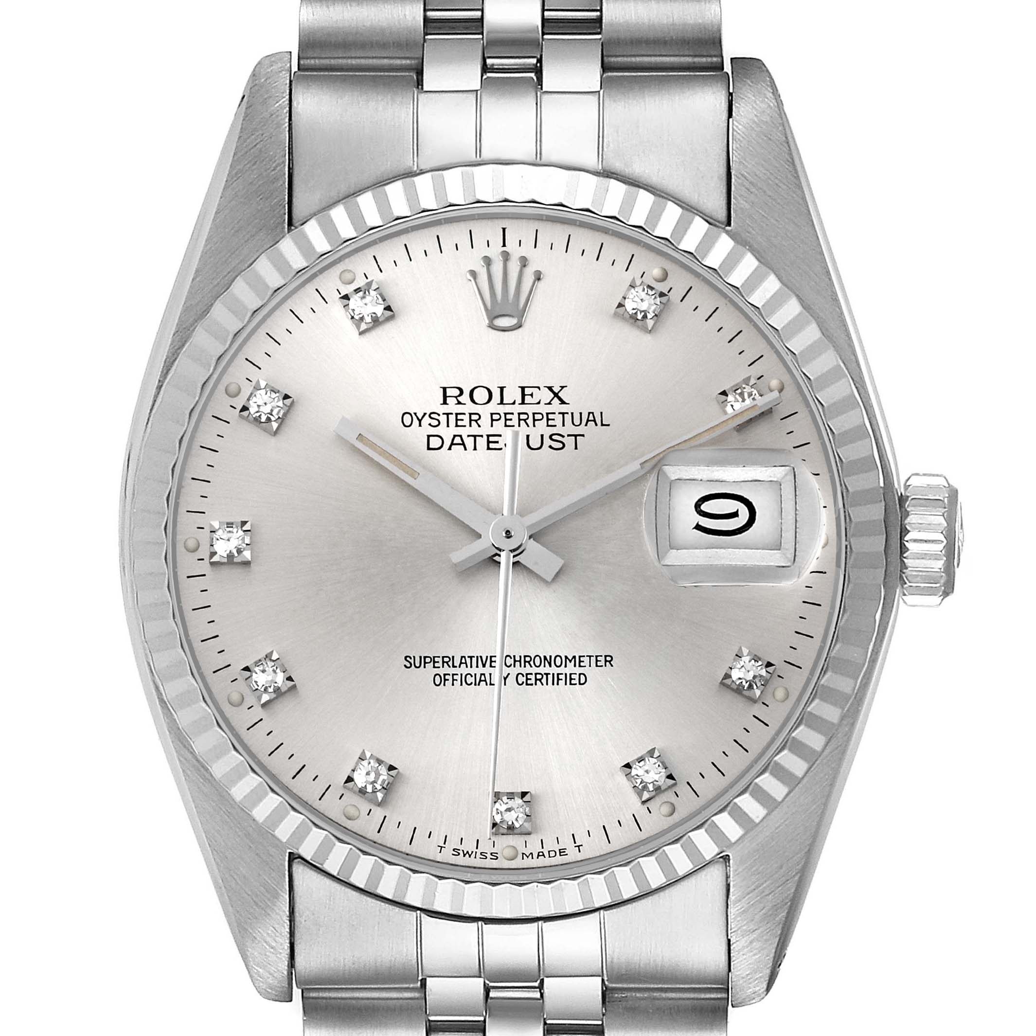 The image shows a close-up of the Rolex Vintage Collection 16014 Men
s Stainless Steel Silver Dial 16014 Men
s Stainless Steel Silver Dial model, with a focus on the dial, hands, bezel, and bracelet.