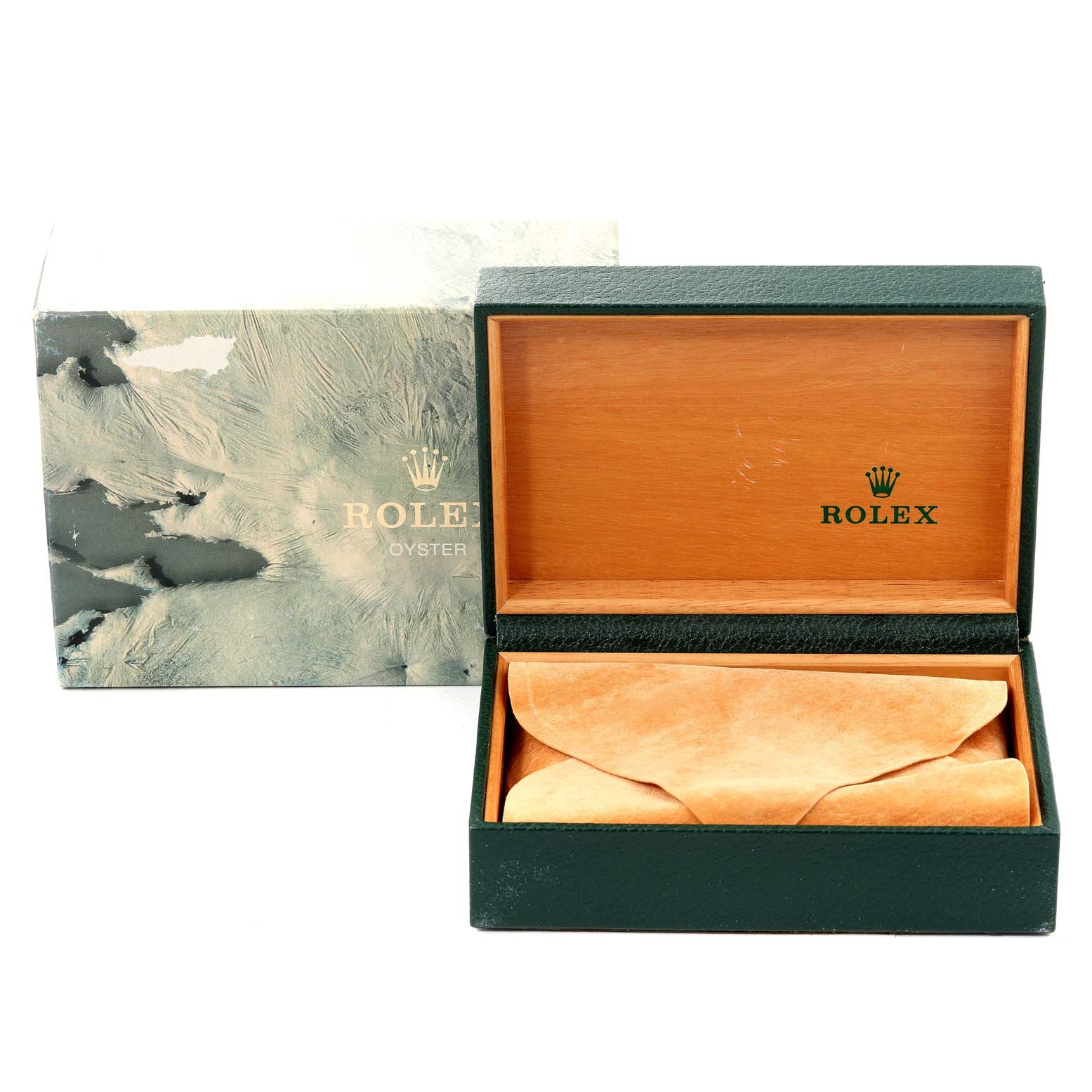 The image shows the packaging of a Rolex Vintage Collection 16014 Men
s Stainless Steel Silver Dial 16014 Men
s Stainless Steel Silver Dial watch, featuring an outer box and an inner leather-lined presentation case.