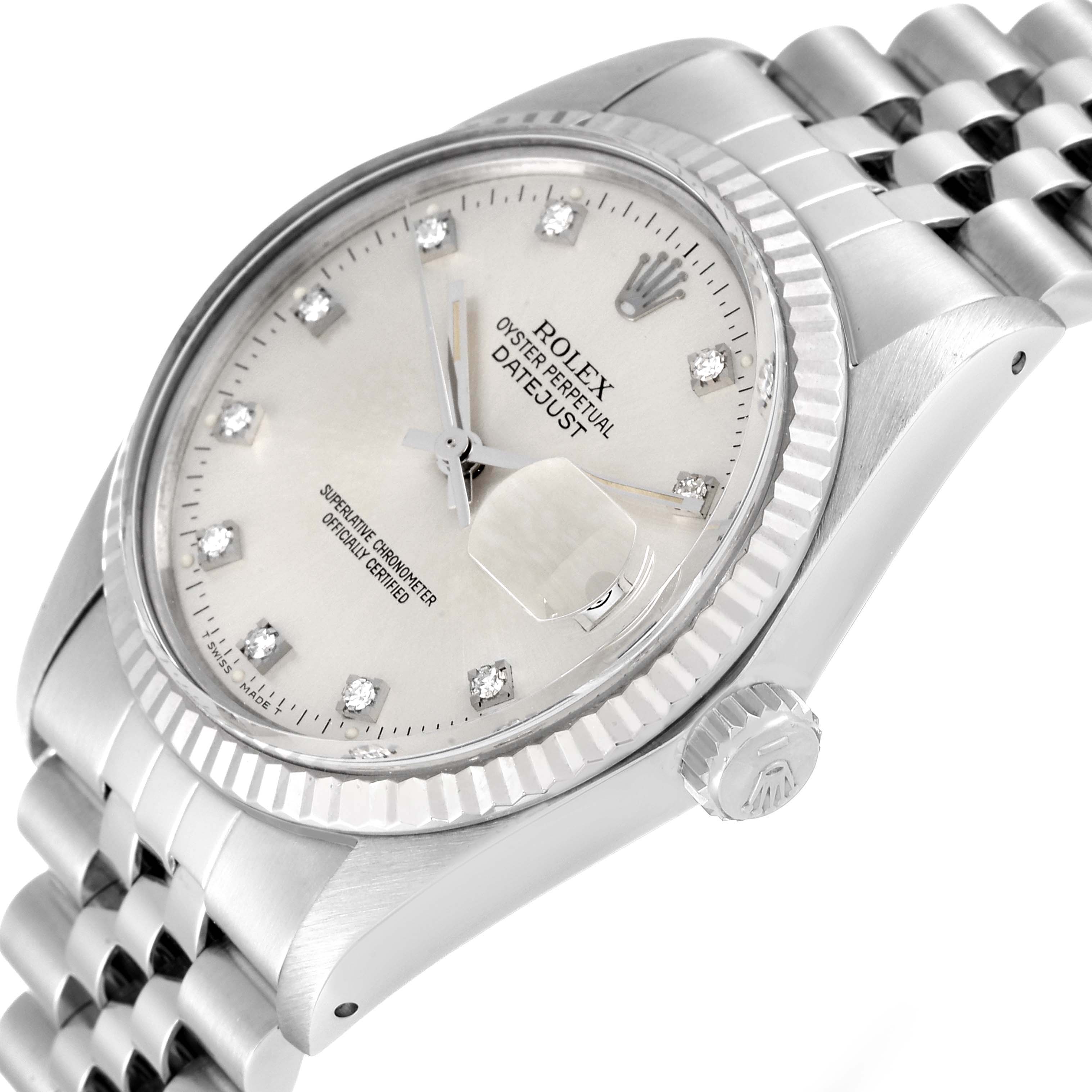 The image shows a Rolex Vintage Collection 16014 Men
s Stainless Steel Silver Dial 16014 Men
s Stainless Steel Silver Dial watch at an oblique angle, highlighting the face, crown, and bracelet.