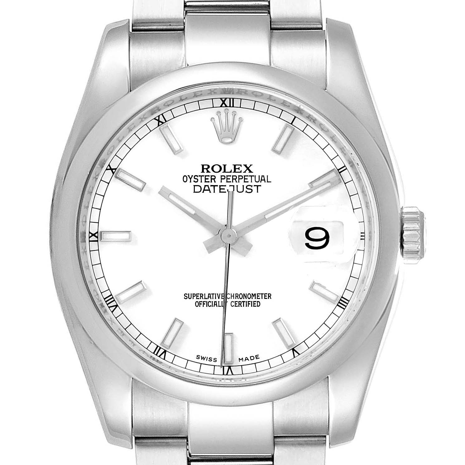 The image shows a Rolex Datejust 116200 Men's Stainless Steel White Dial 116200 Men's Stainless Steel White Dial watch from a front angle, displaying its dial, bezel, crown, and bracelet.