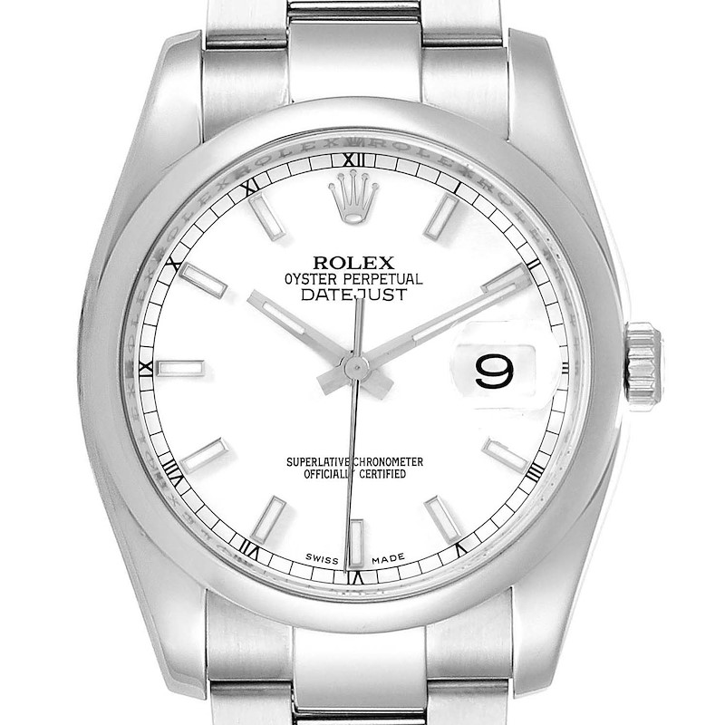 The image shows a Rolex Datejust watch from a front angle, displaying its dial, bezel, crown, and bracelet.