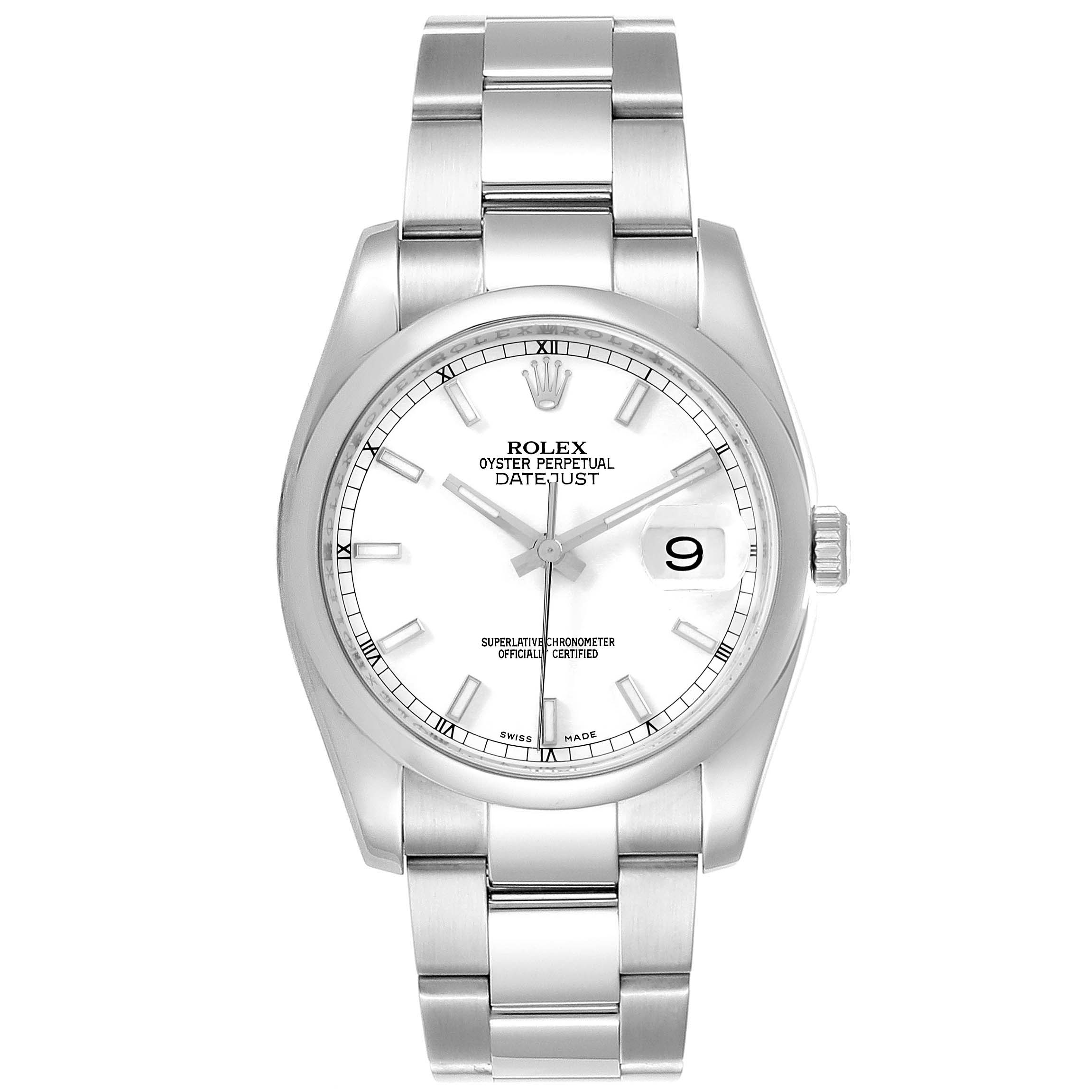 This is a front view of the Rolex Datejust 116200 Men's Stainless Steel White Dial 116200 Men's Stainless Steel White Dial watch, displaying the dial, hands, bracelet, and date window.