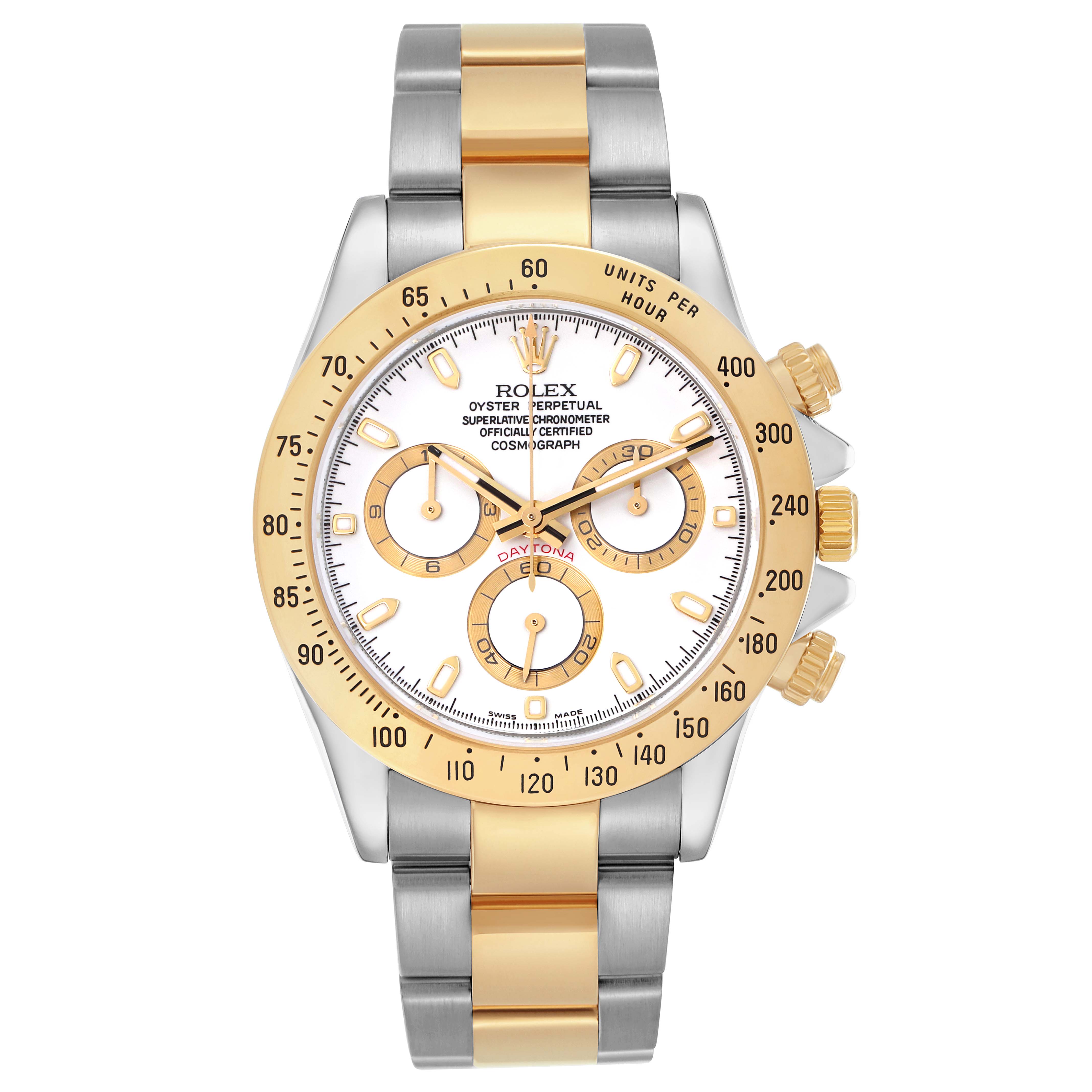 The image shows a front view of a Rolex Daytona 116523 Men
s Steel and Gold (two tone) White Dial 116523 Men
s Steel and Gold (two tone) White Dial watch, highlighting its gold bezel, subdials, and two-tone bracelet.