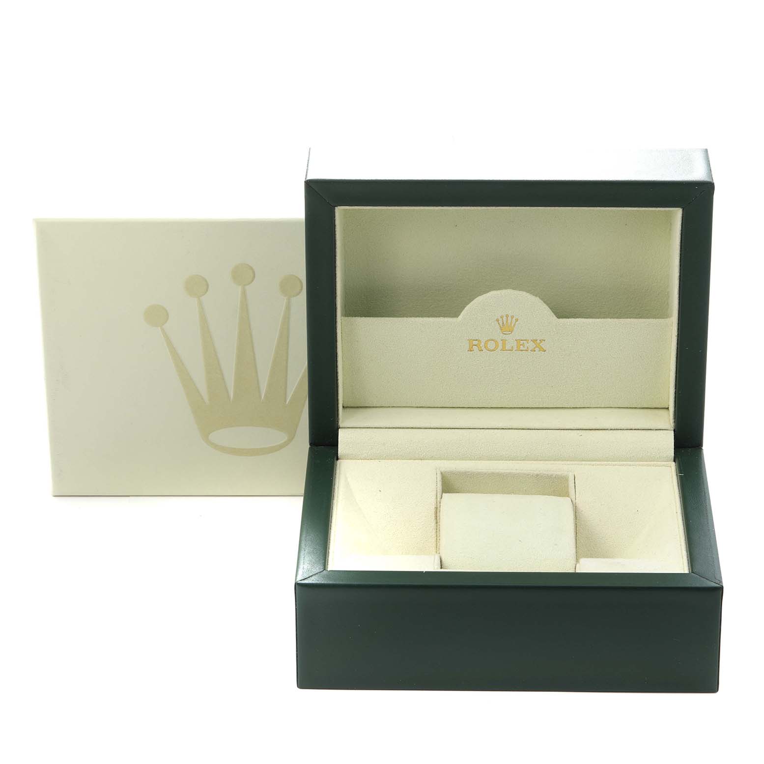 The image shows a Rolex Daytona 116523 Men
s Steel and Gold (two tone) White Dial 116523 Men
s Steel and Gold (two tone) White Dial watch box with an open lid and an inner cushion, viewed from the front.