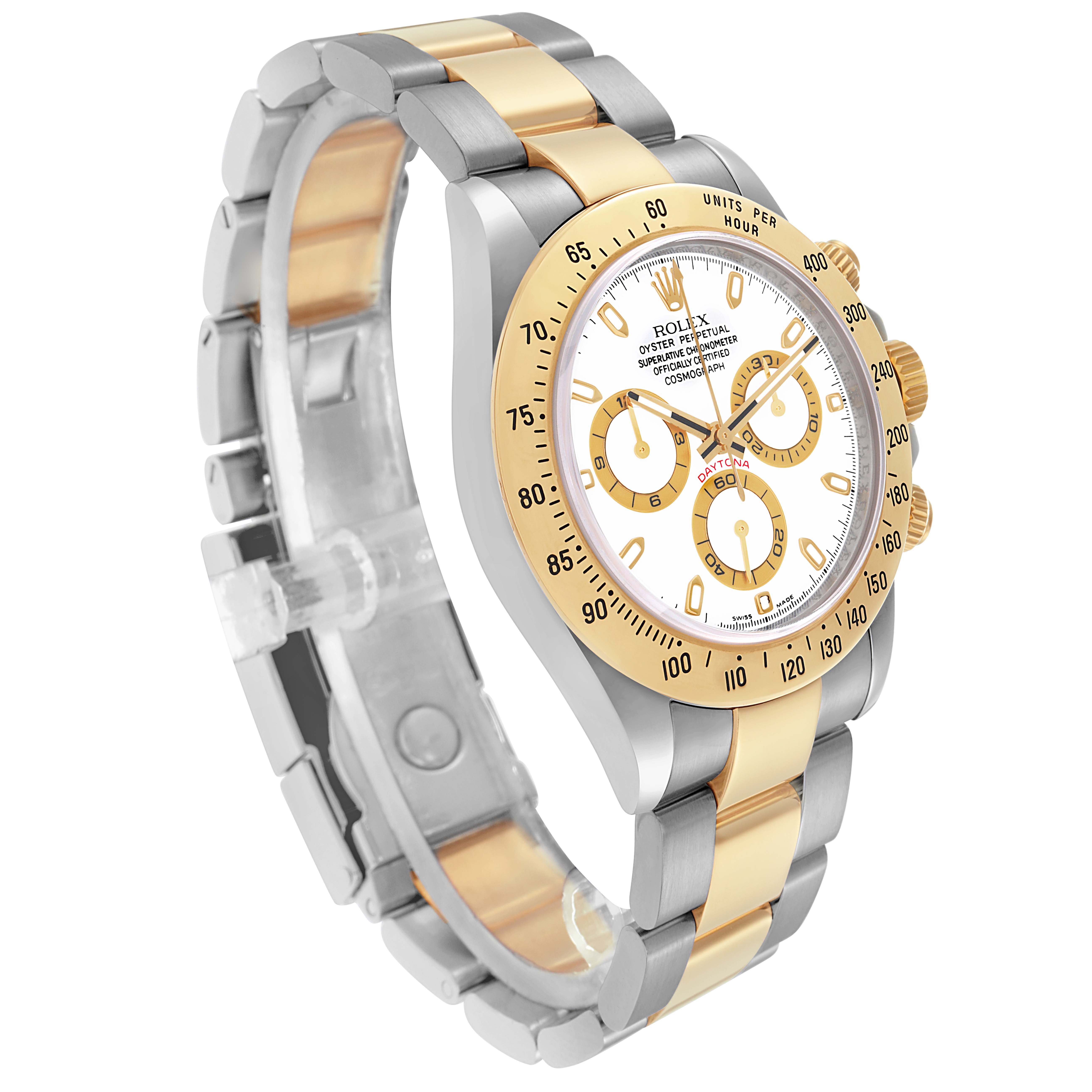 The image shows a Rolex Daytona 116523 Men
s Steel and Gold (two tone) White Dial 116523 Men
s Steel and Gold (two tone) White Dial from an angled top-down perspective, highlighting its gold and silver bracelet and bezel.