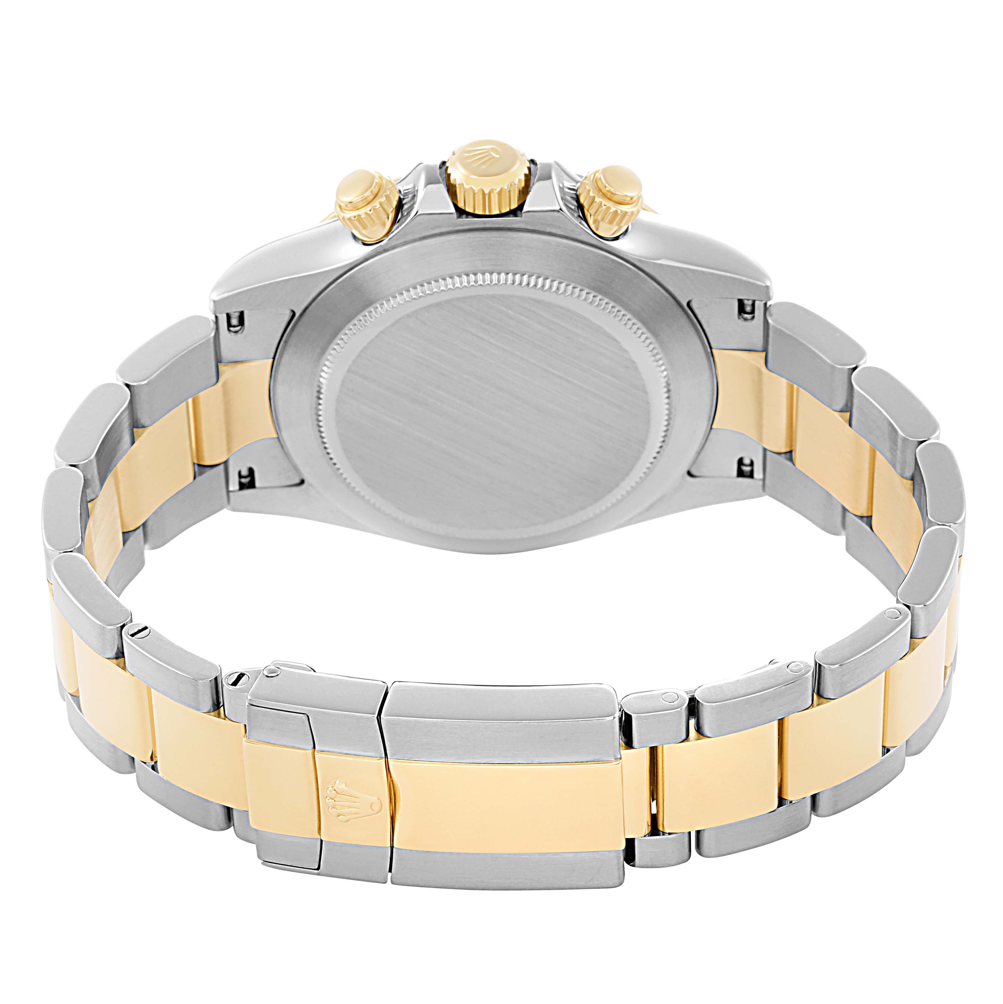 The image shows the back view of a Rolex Daytona 116523 Men
s Steel and Gold (two tone) White Dial 116523 Men
s Steel and Gold (two tone) White Dial watch, highlighting the case back, crown, pushers, and bi-metal bracelet.