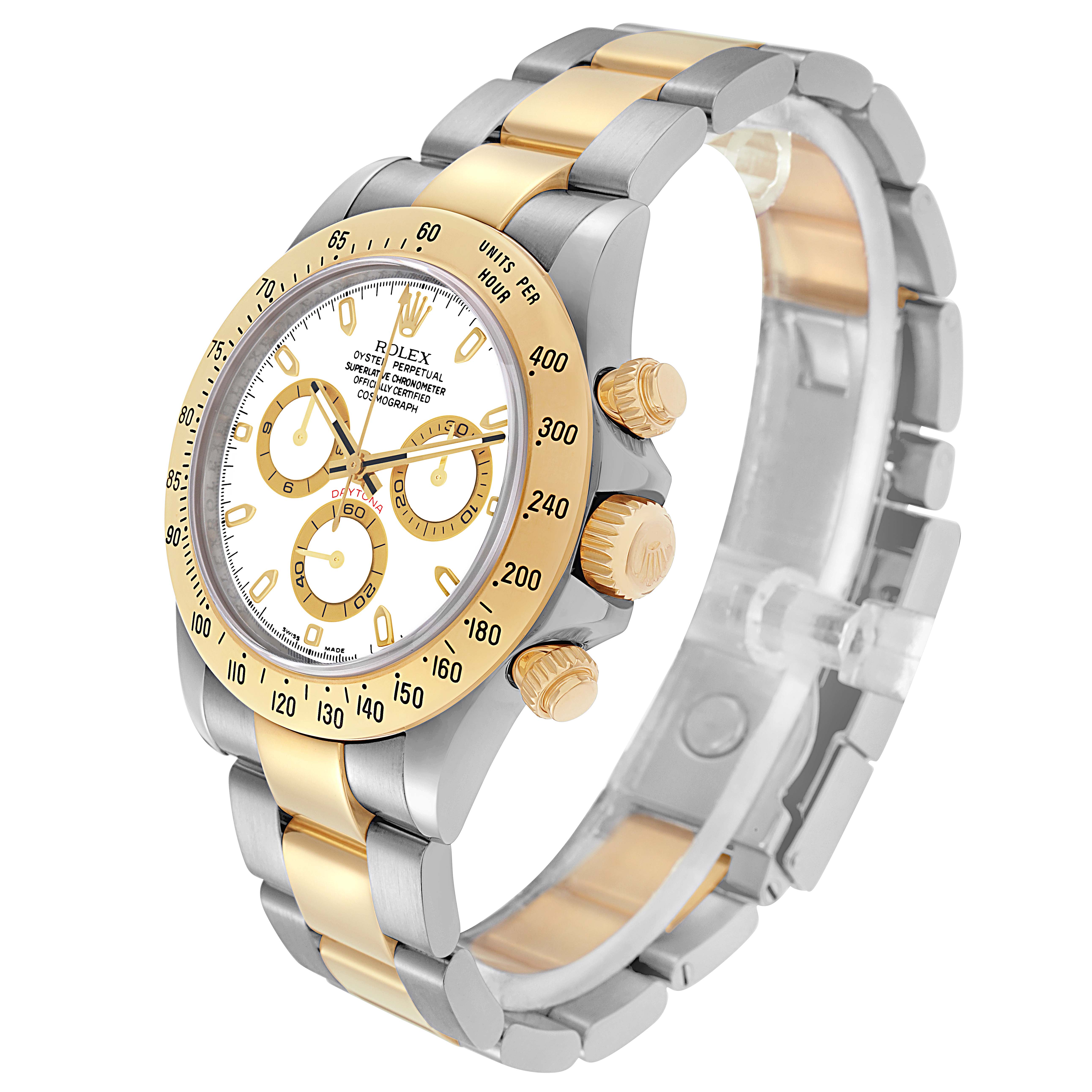 The Rolex Daytona 116523 Men
s Steel and Gold (two tone) White Dial 116523 Men
s Steel and Gold (two tone) White Dial watch is shown at a side angle, highlighting the bezel, pushers, crown, and two-tone bracelet.