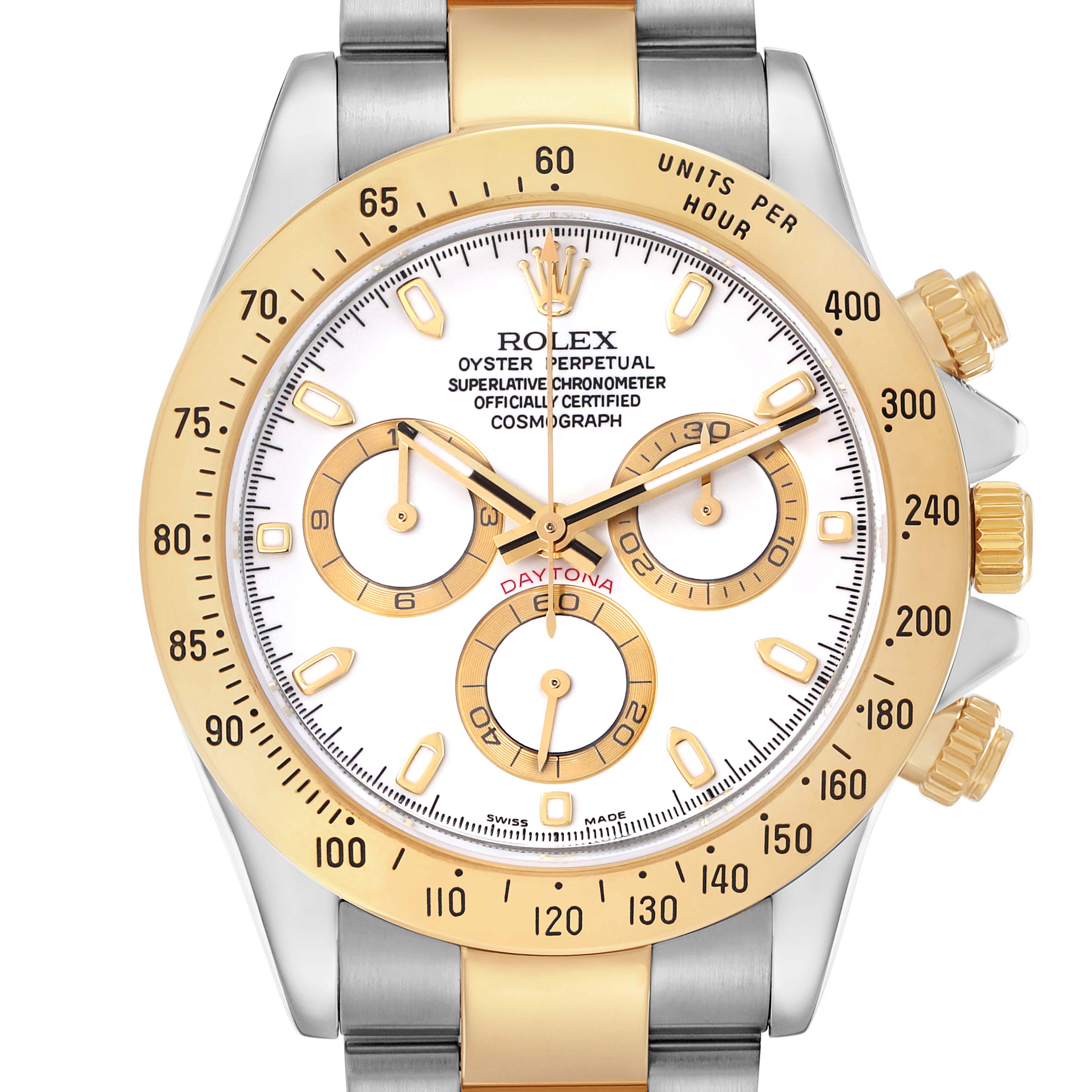 The Rolex Daytona 116523 Men
s Steel and Gold (two tone) White Dial 116523 Men
s Steel and Gold (two tone) White Dial watch is shown from a front angle, highlighting its bezel, dial, subdials, and crowns.