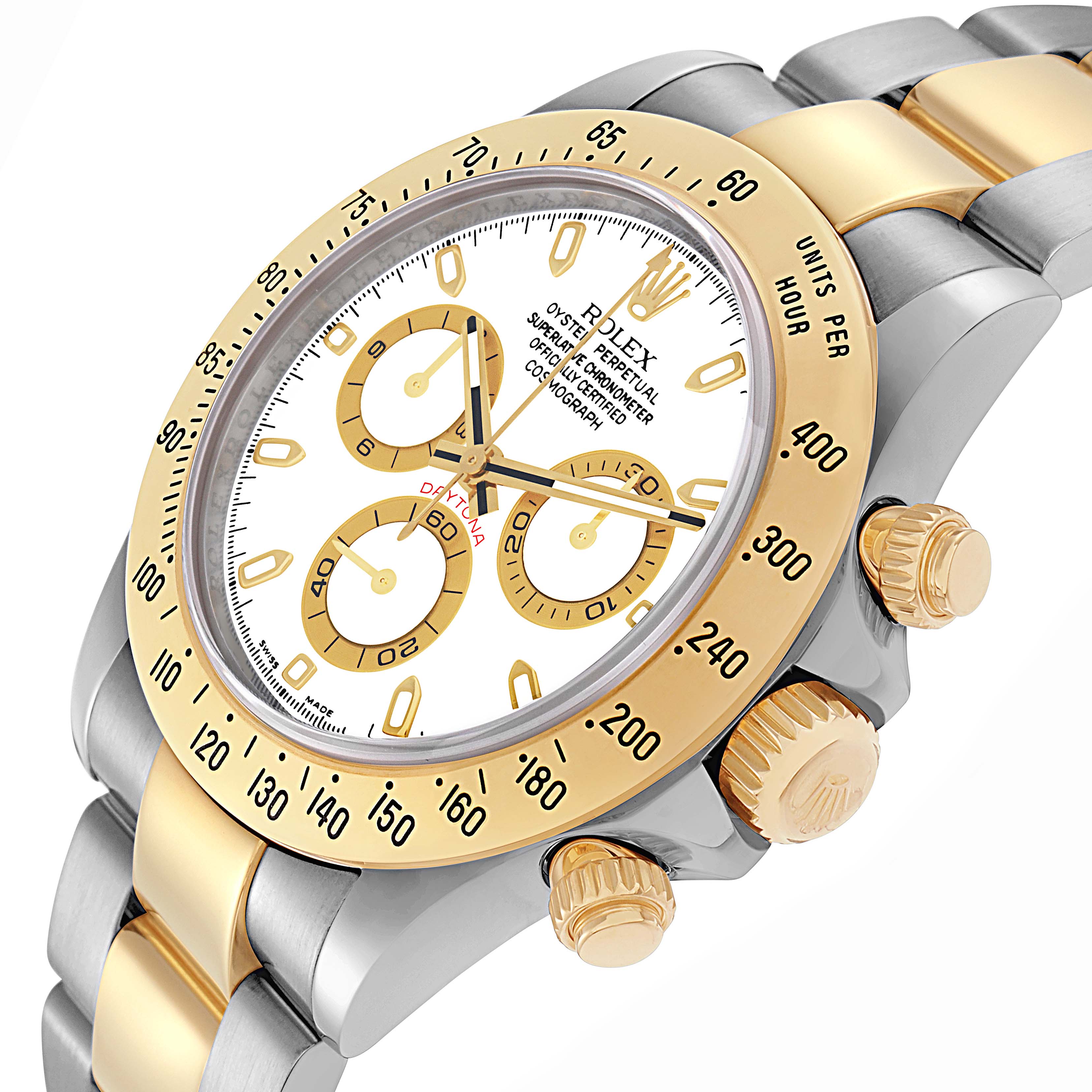 The Rolex Daytona 116523 Men
s Steel and Gold (two tone) White Dial 116523 Men
s Steel and Gold (two tone) White Dial watch is shown at a three-quarter angle, displaying the dial, bezel, and side crown in gold and silver tones.
