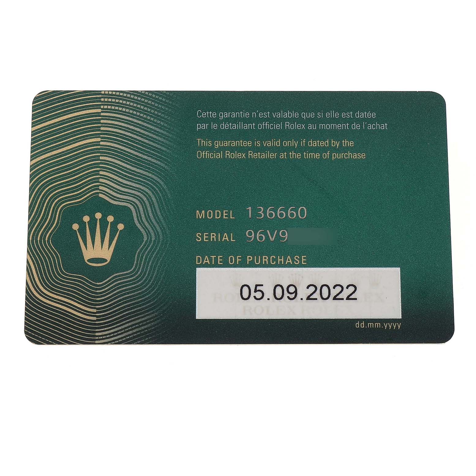 The image shows a warranty card for the Rolex Sea-Dweller 136660 Men's Stainless Steel Blue Dial model 136660, displaying serial number and purchase date.