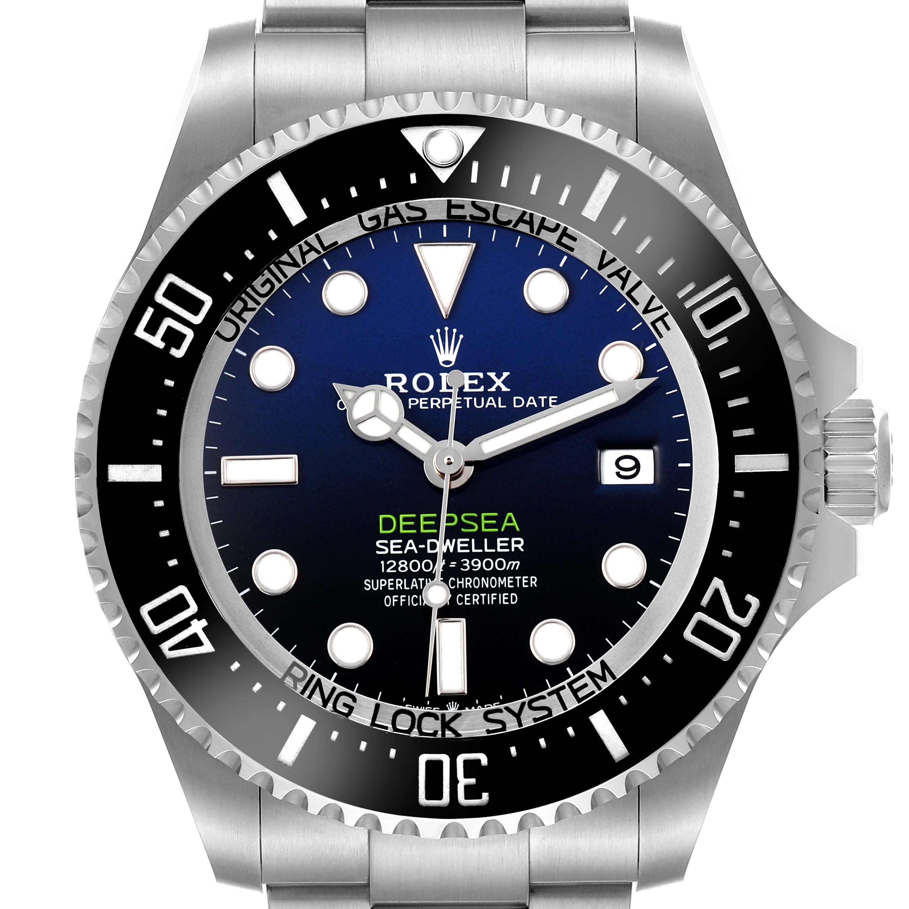 The Rolex Sea-Dweller 136660 Men's Stainless Steel Blue Dial is shown from the front displaying the dial, bezel, hands, markers, and part of the bracelet.