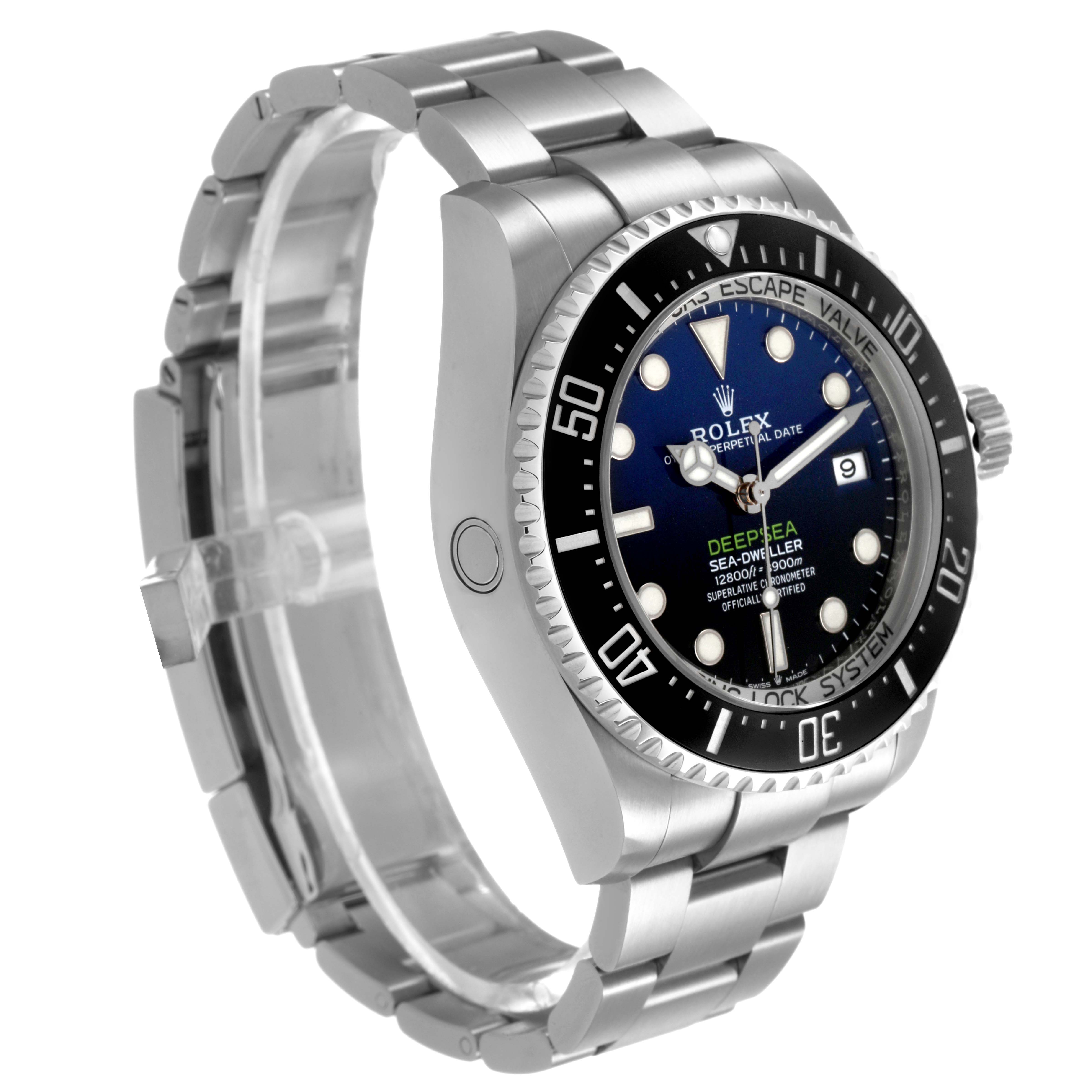 The Rolex Sea-Dweller 136660 Men's Stainless Steel Blue Dial watch is shown at a three-quarter angle, highlighting the dial, bezel, and part of the bracelet.