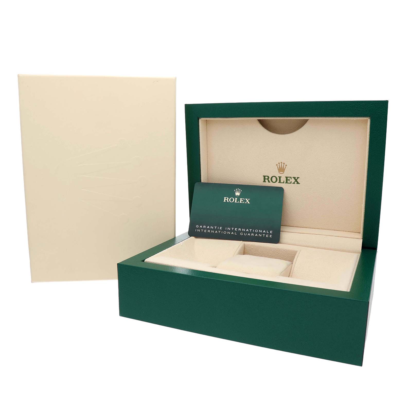 The image shows the packaging and guarantee card for a Rolex Sea-Dweller 136660 Men's Stainless Steel Blue Dial, with an open green box and a beige interior.