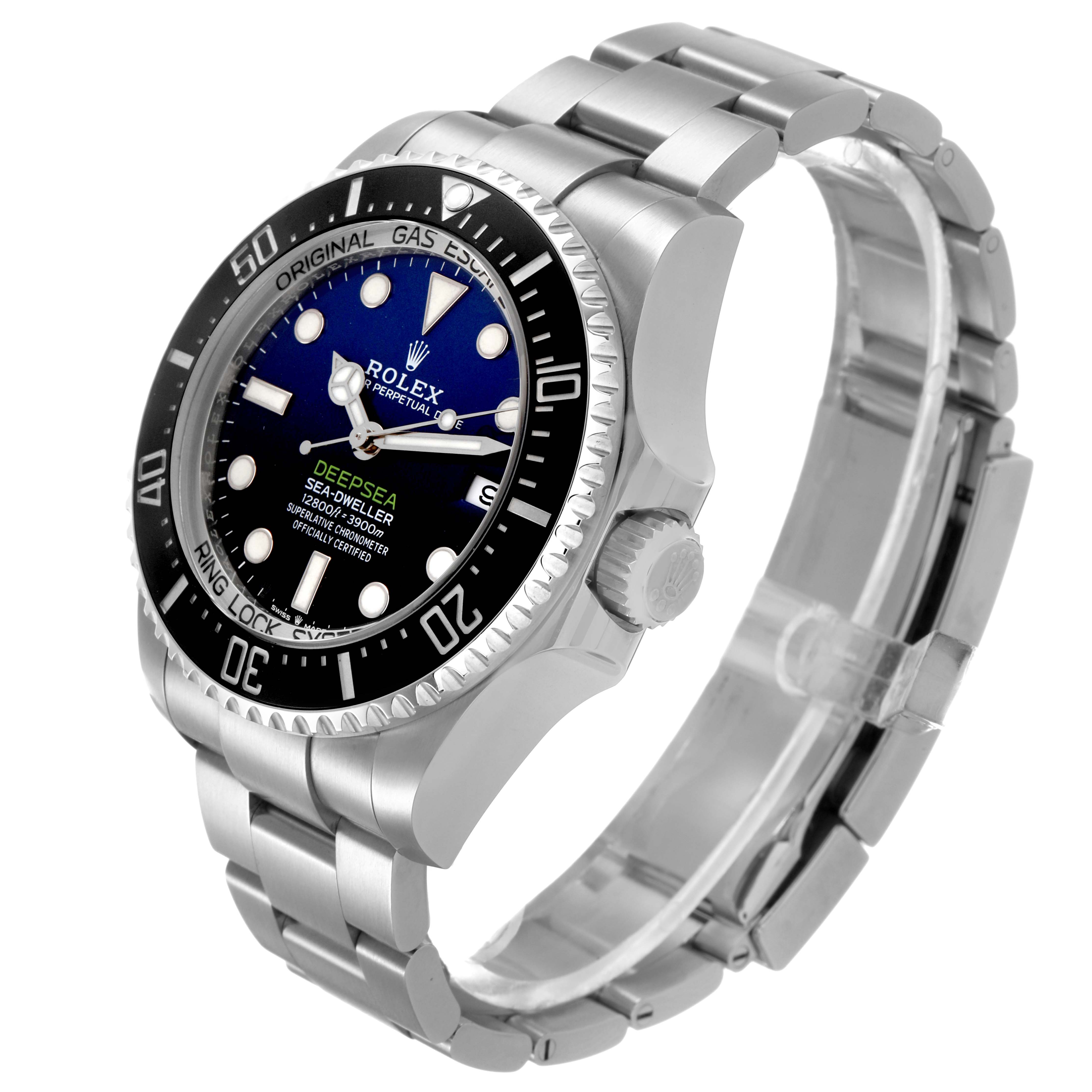 The Rolex Sea-Dweller 136660 Men's Stainless Steel Blue Dial is shown at a three-quarter angle, highlighting the bezel, dial, crown, and bracelet.