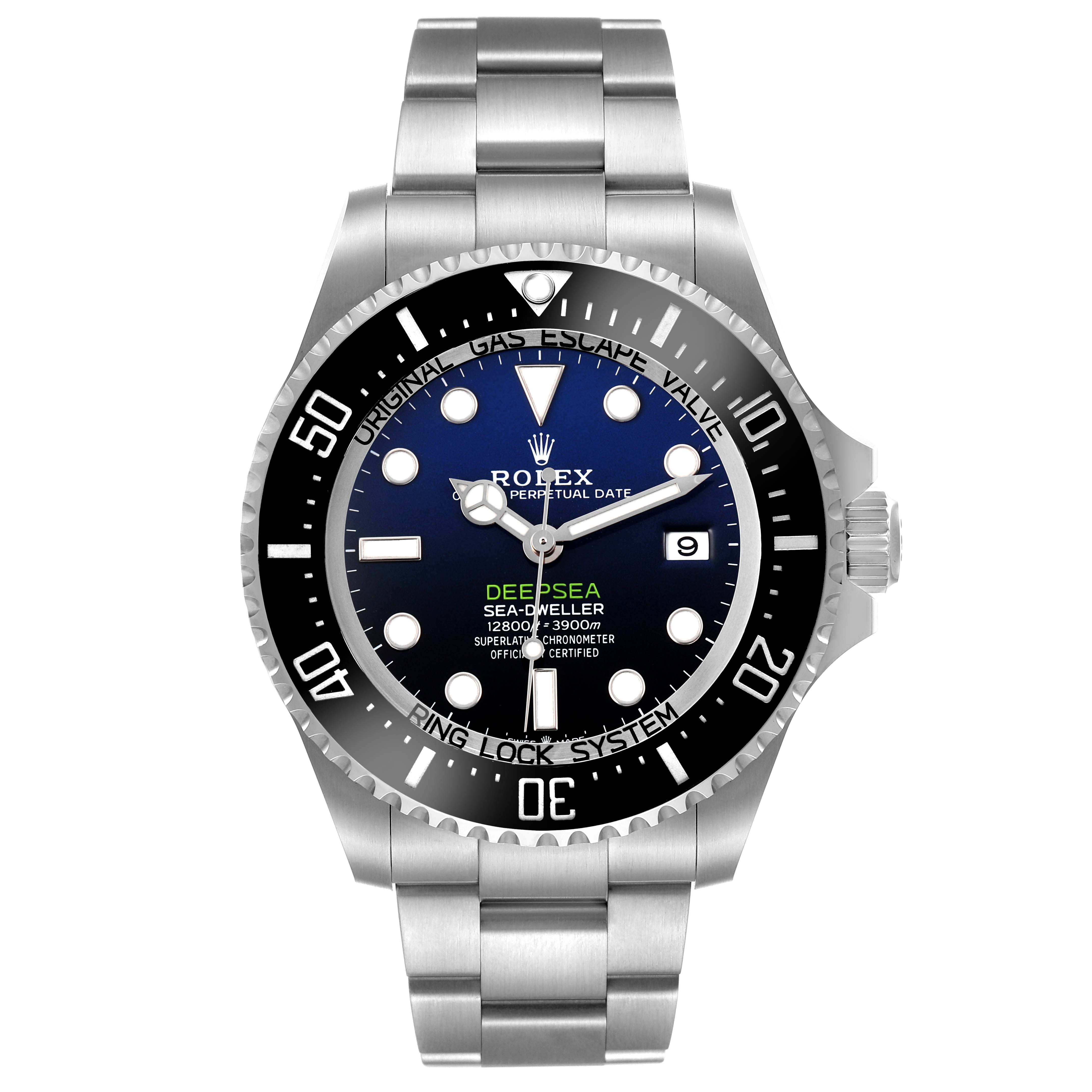 The Rolex Sea-Dweller 136660 Men's Stainless Steel Blue Dial watch is shown from the front, displaying the dial, bezel, and bracelet.