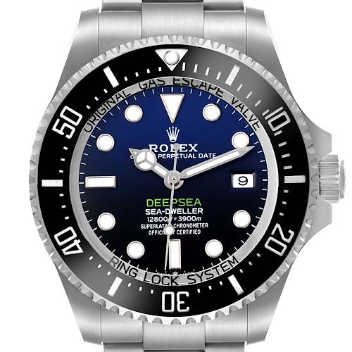 The Rolex Sea-Dweller 136660 Men's Stainless Steel Blue Dial is shown from a front angle, highlighting the dial, bezel, and bracelet.