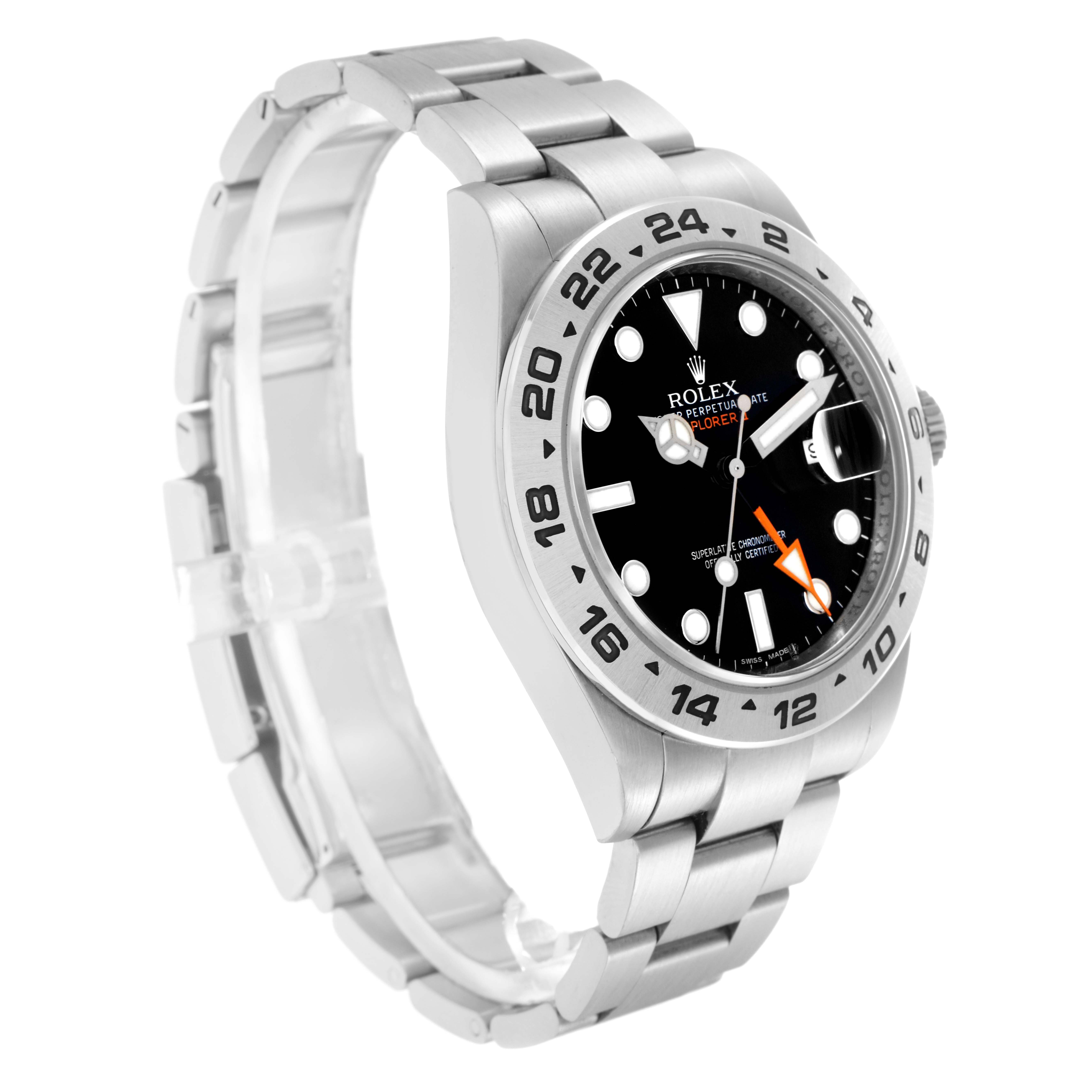 This image shows a Rolex Explorer 216570 Men
s Stainless Steel Black Dial 216570 Men
s Stainless Steel Black Dial watch at a three-quarter angle, highlighting the dial, bezel, and bracelet.