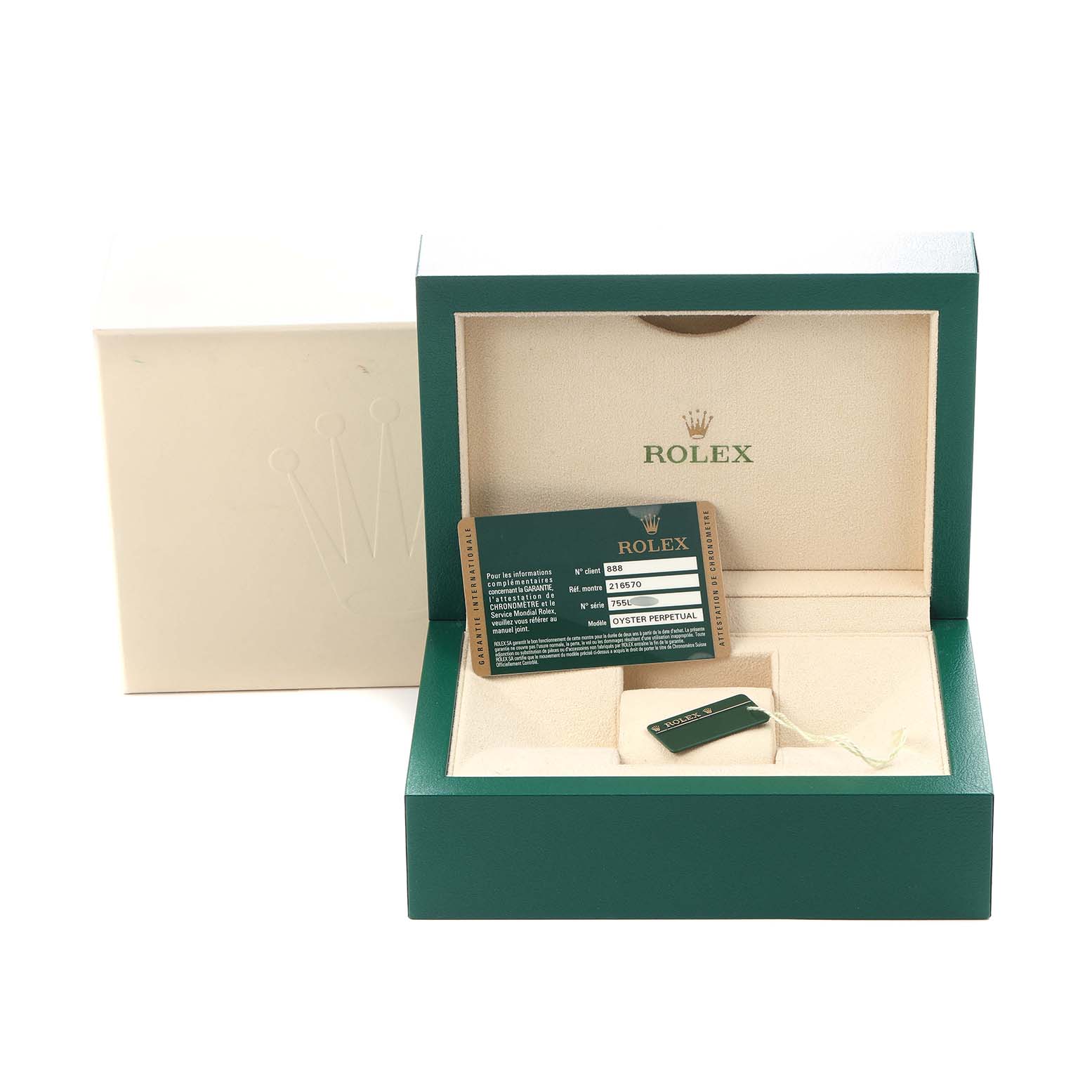 The image shows a Rolex Explorer 216570 Men
s Stainless Steel Black Dial 216570 Men
s Stainless Steel Black Dial watch box and warranty card, along with a tag, displayed from a front angle.