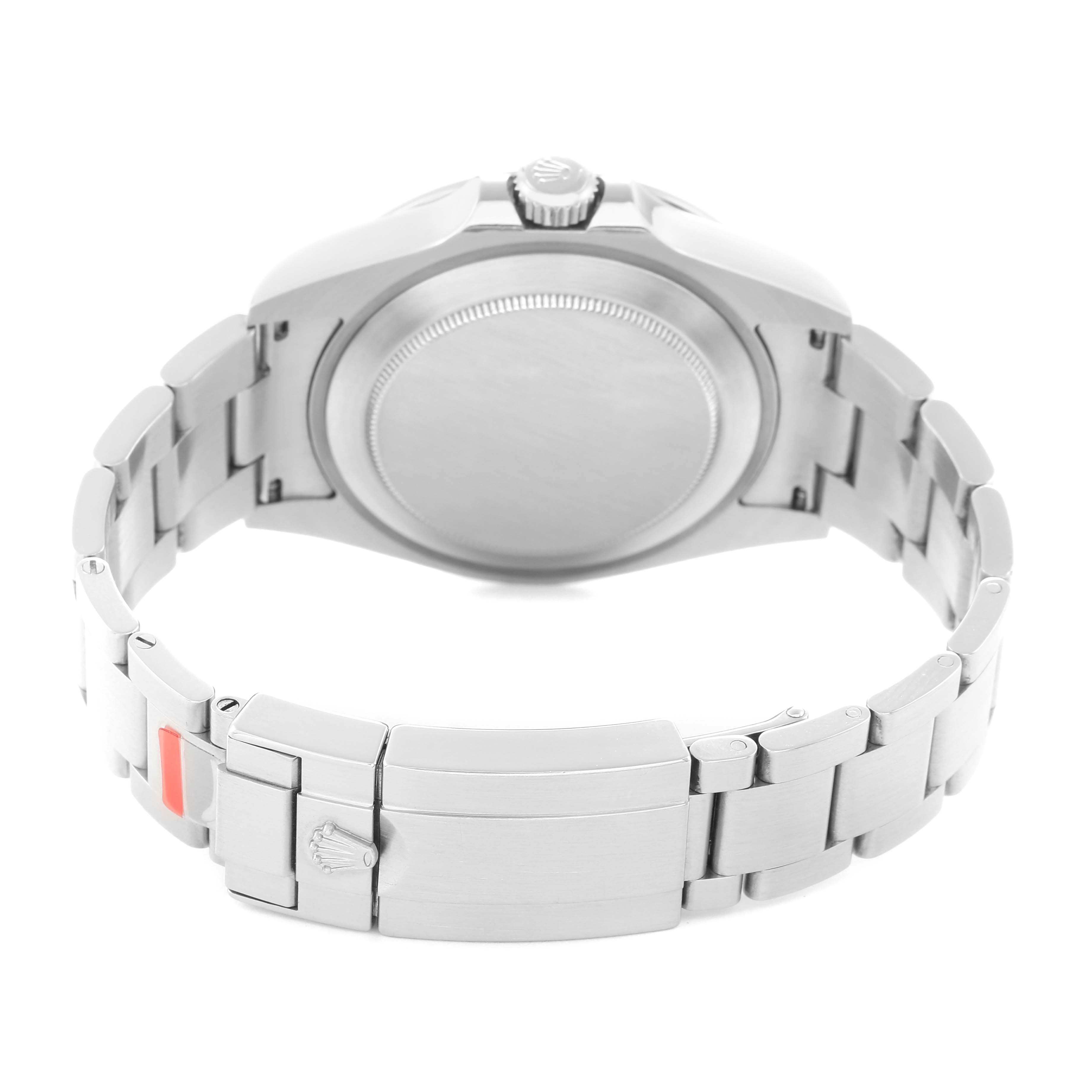 The image shows the back view of a Rolex Explorer 216570 Men
s Stainless Steel Black Dial 216570 Men
s Stainless Steel Black Dial, highlighting the case back, bracelet, and clasp.