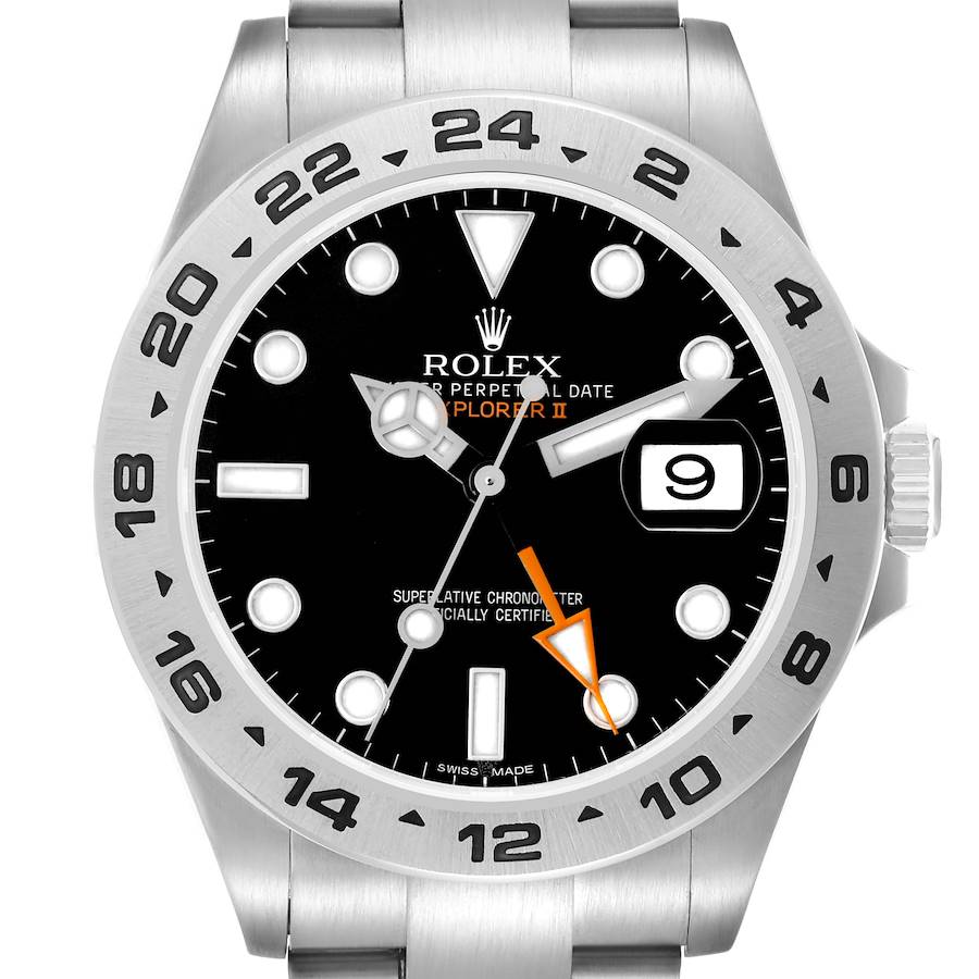 The Rolex Explorer II watch is shown from the front, displaying the face, bezel, and part of the bracelet.