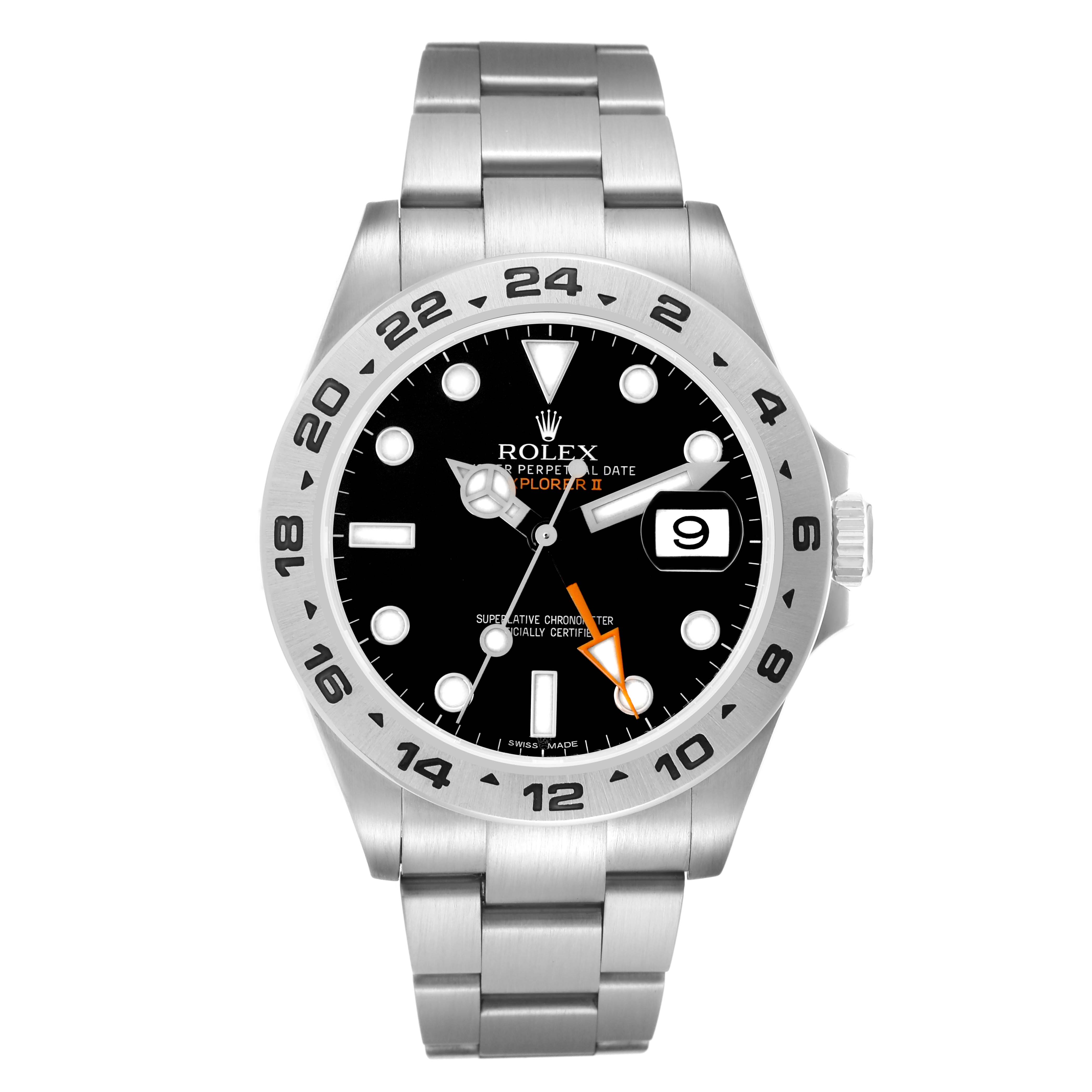 The Rolex Explorer 216570 Men
s Stainless Steel Black Dial 216570 Men
s Stainless Steel Black Dial watch is viewed from the front, showing the dial, bezel, bracelet, and crown.