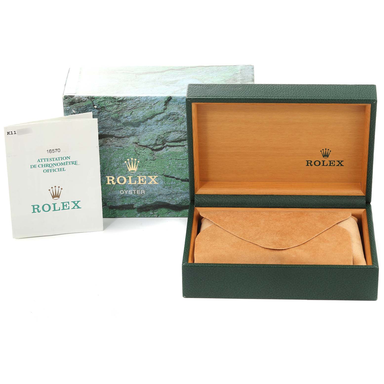 The image shows the packaging and authenticity booklet for a Rolex Explorer 16570 Men's Stainless Steel Black Dial 16570 Men's Stainless Steel Black Dial watch, including an open box and outer box.