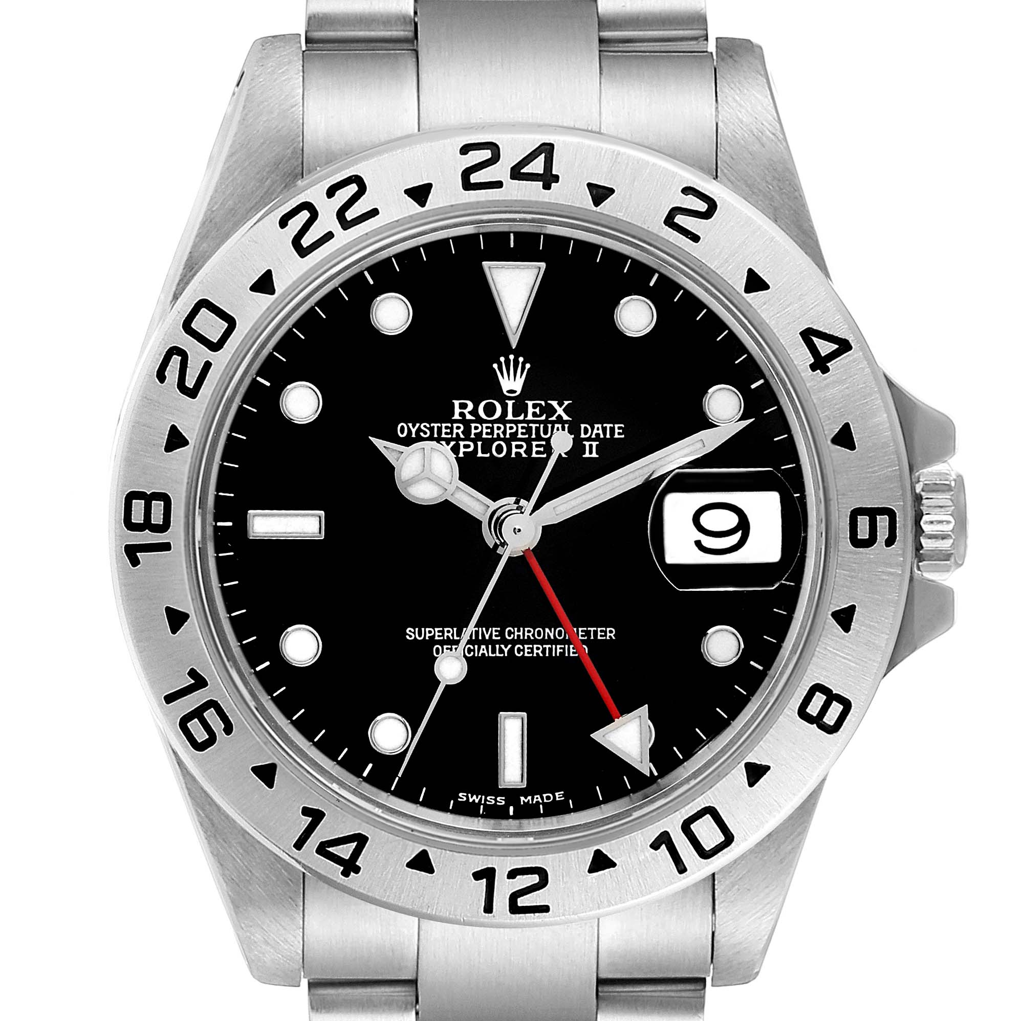 The image shows the front view of a Rolex Explorer 16570 Men's Stainless Steel Black Dial 16570 Men's Stainless Steel Black Dial watch, highlighting the bezel, dial, hands, and bracelet.