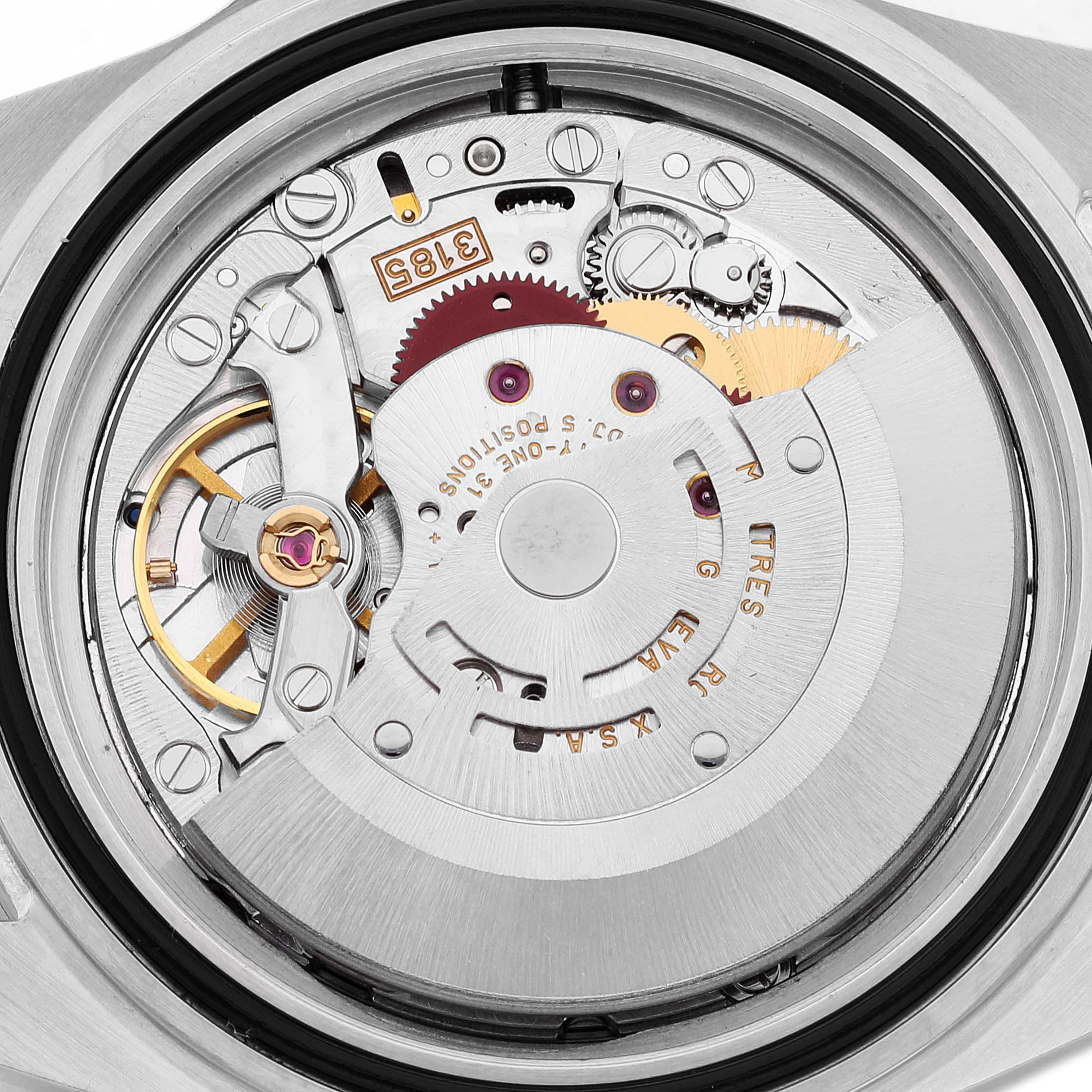 This image shows the intricate inner mechanism of a Rolex Explorer 16570 Men's Stainless Steel Black Dial 16570 Men's Stainless Steel Black Dial watch, focusing on its movement from a close-up, back view angle.